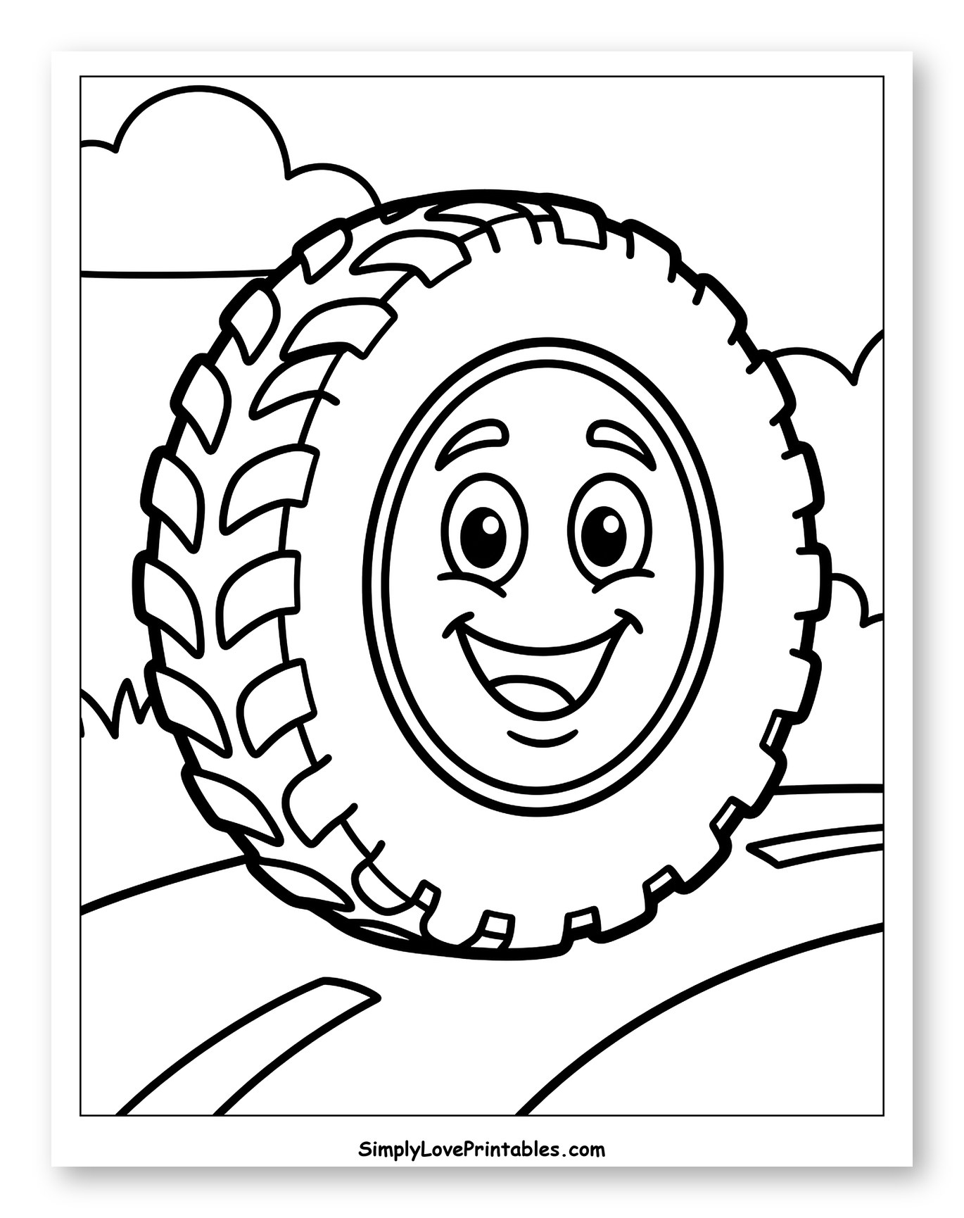 Happy Cartoon Tire Rolling on a Path