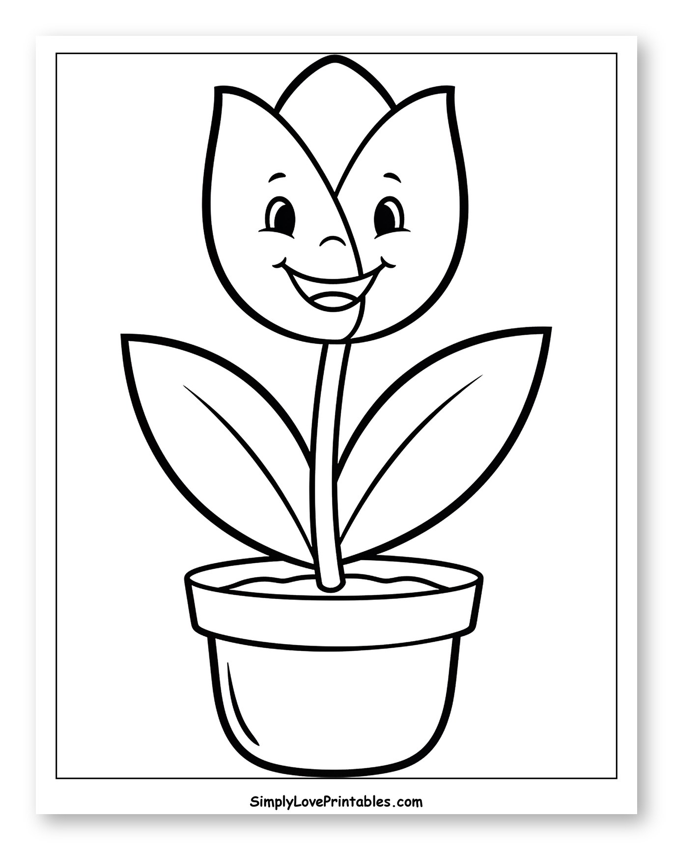 Happy Cartoon Tulip in a Flowerpot Coloring Sheet for Toddlers