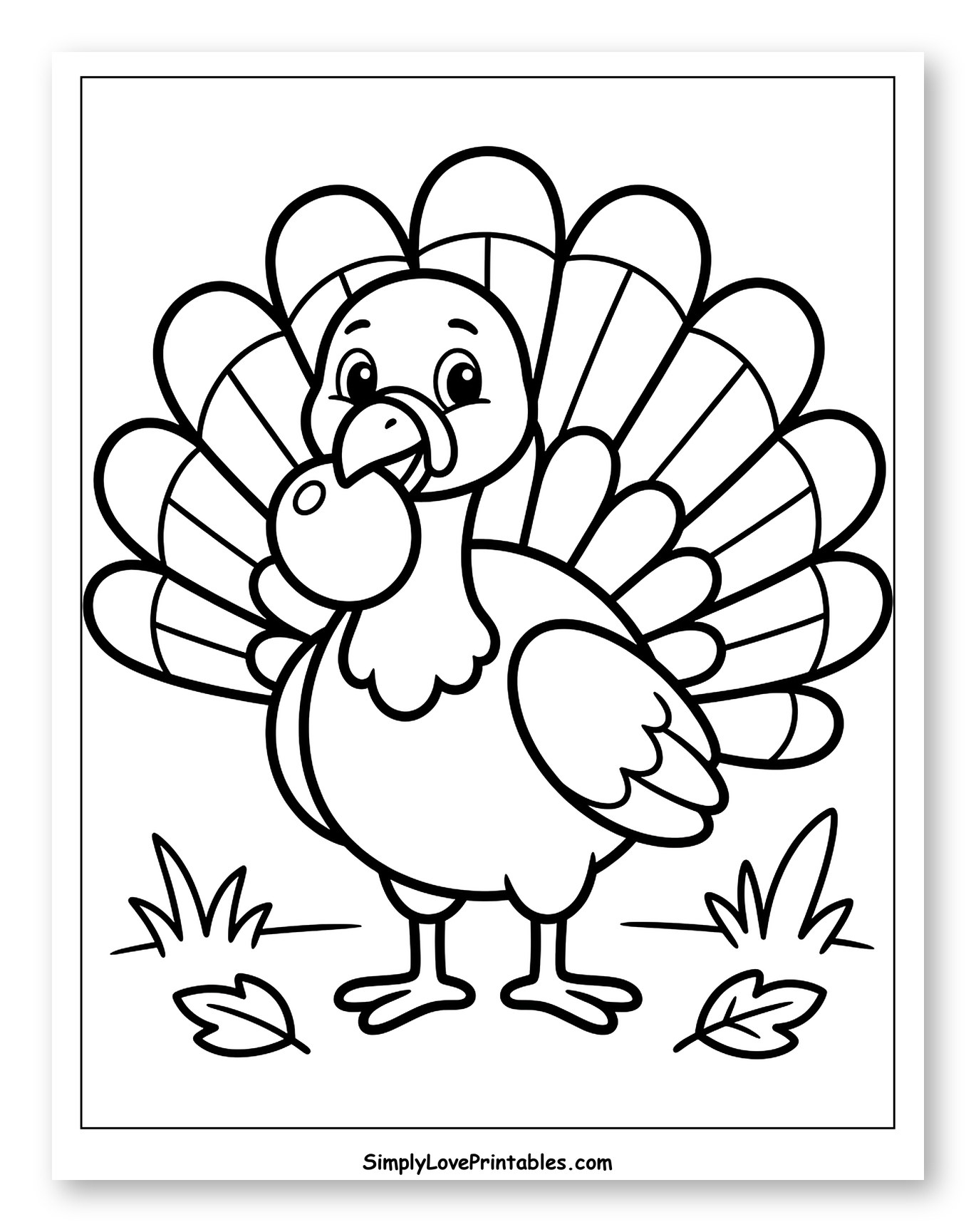 Happy Cartoon Turkey Standing in Grass to Color for Toddlers