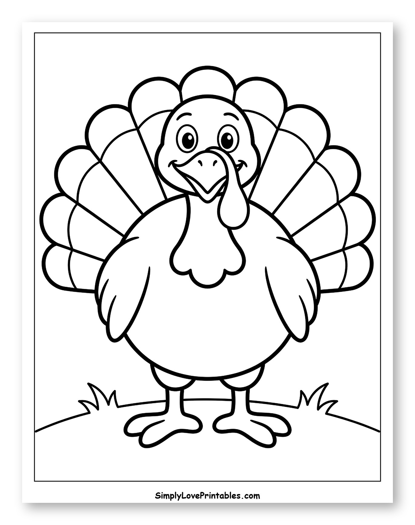 Happy Cartoon Turkey Standing on Grass to Color for Toddlers