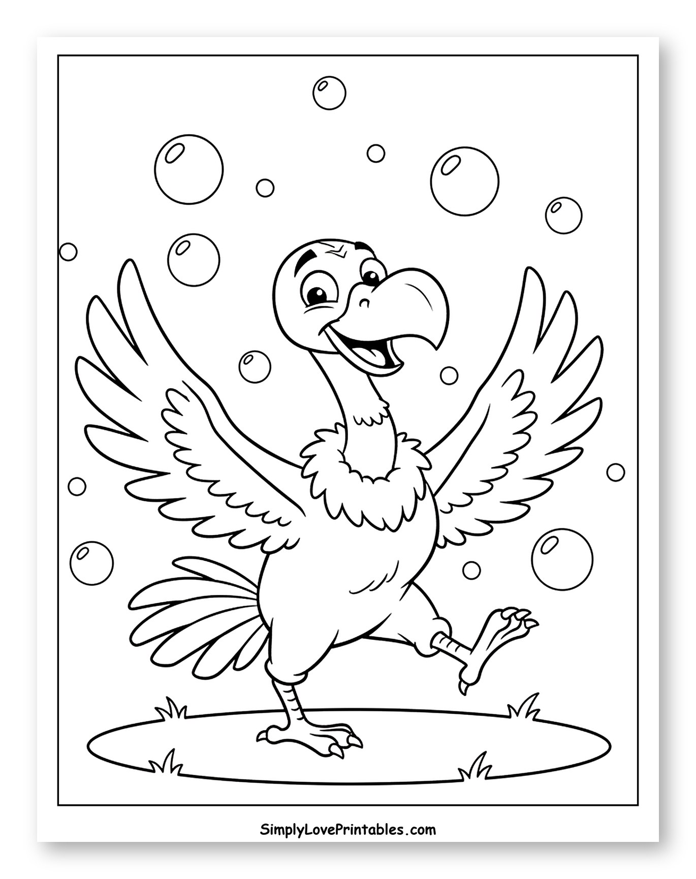 Happy Cartoon Vulture Dancing with Bubbles