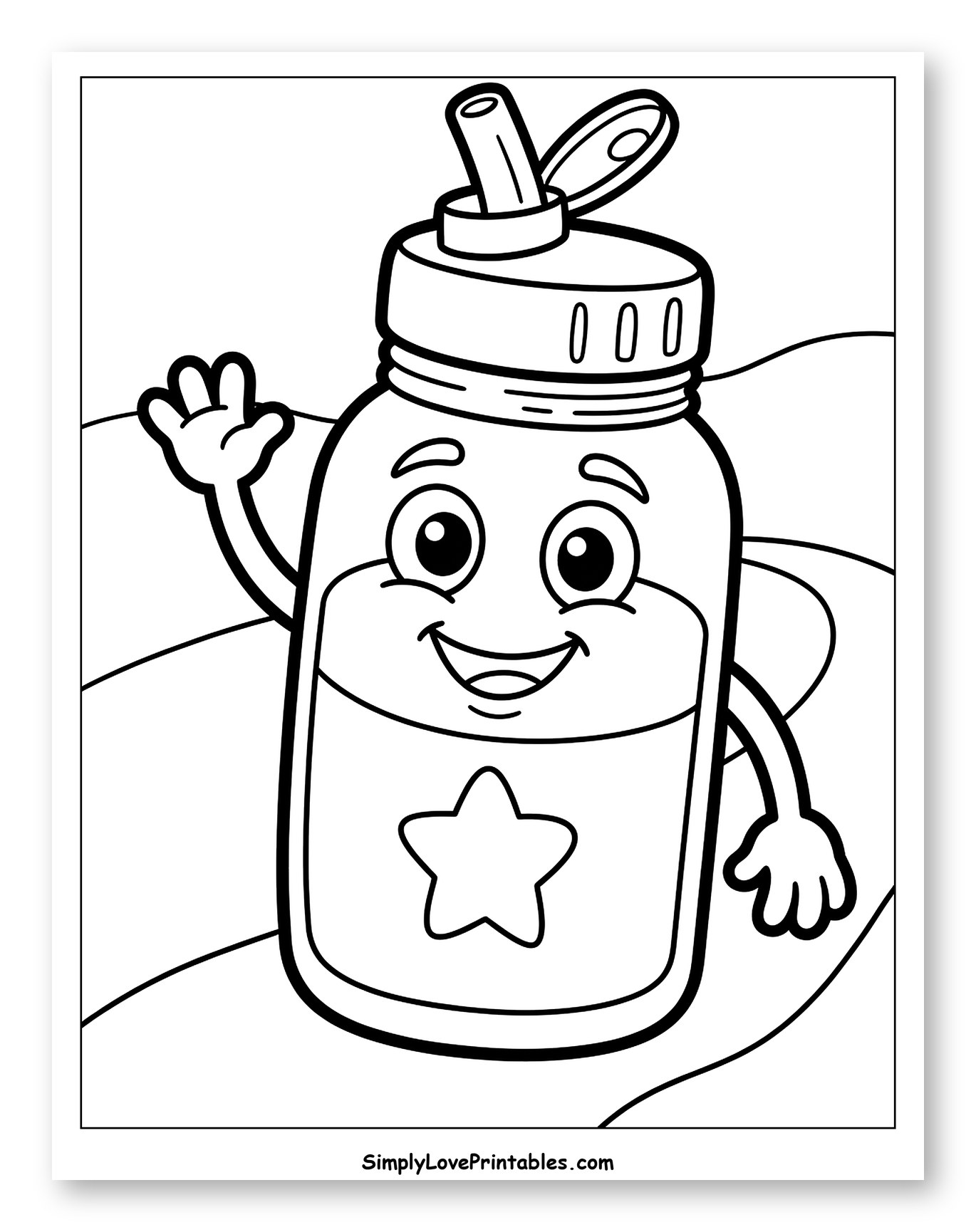Happy Cartoon Water Bottle Waving to Color for Toddlers