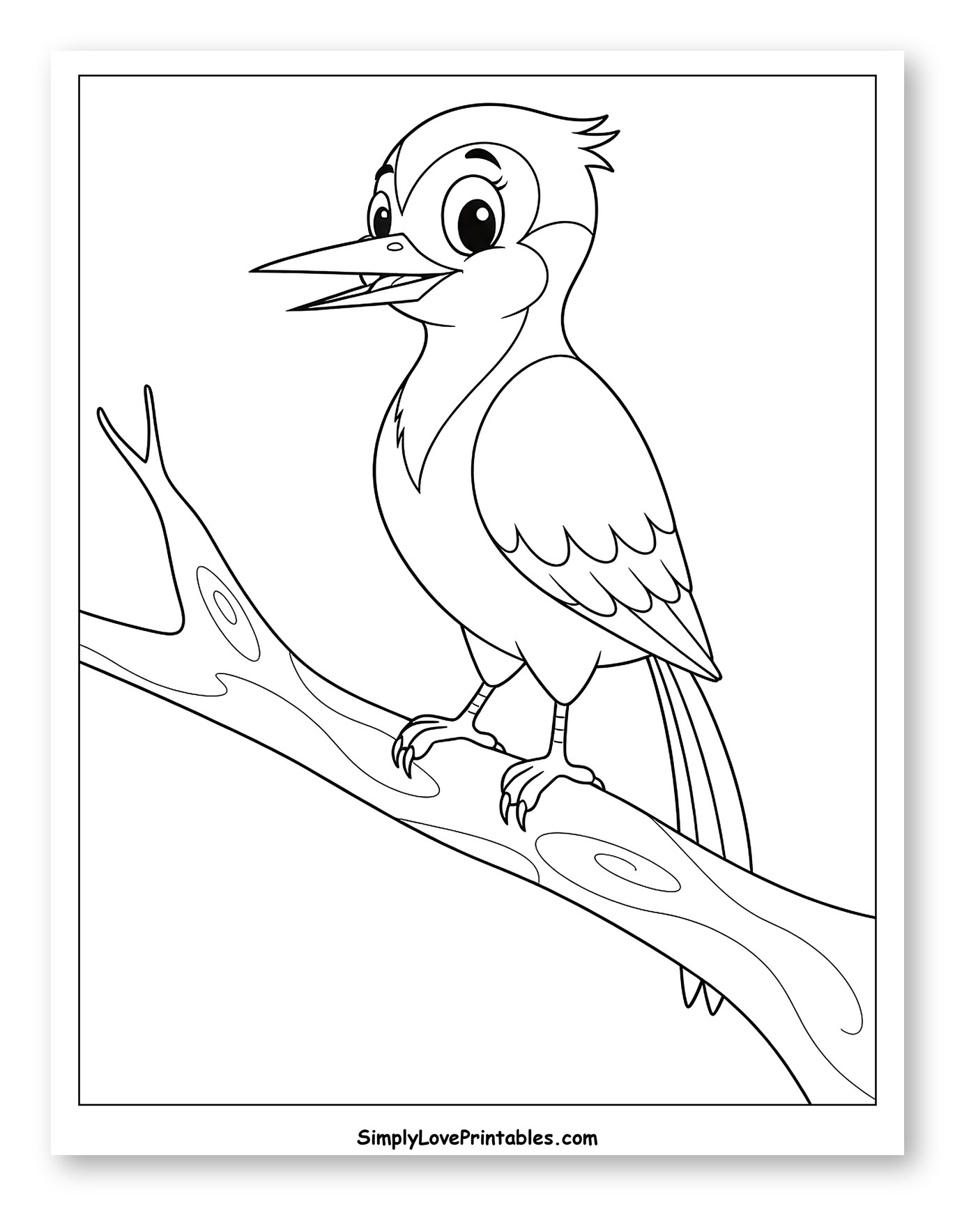 Happy Cartoon Woodpecker on a Tree Branch Coloring Page for Toddlers