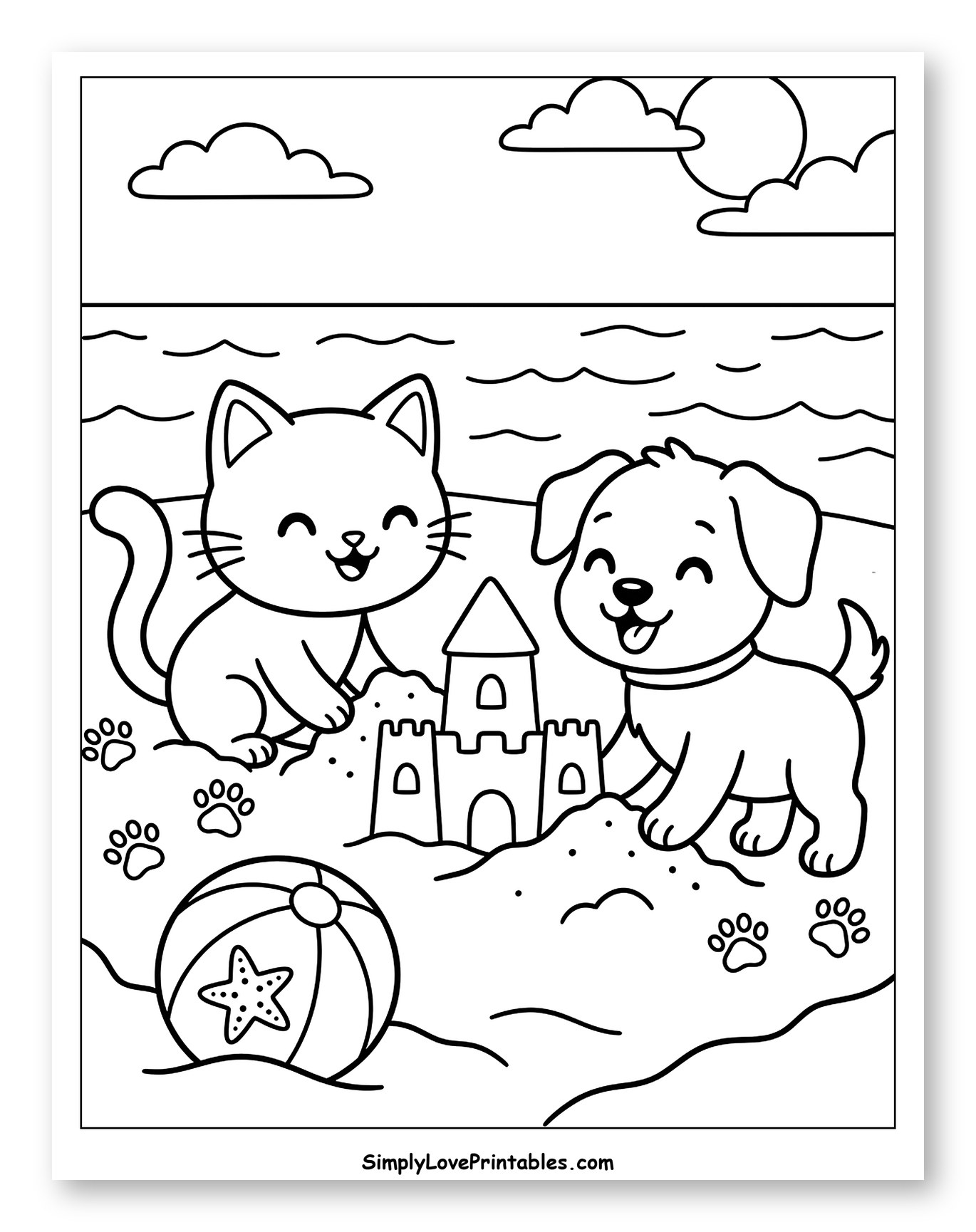 Happy Cat and Dog Building Sandcastle at Beach Coloring Sheet for Kids