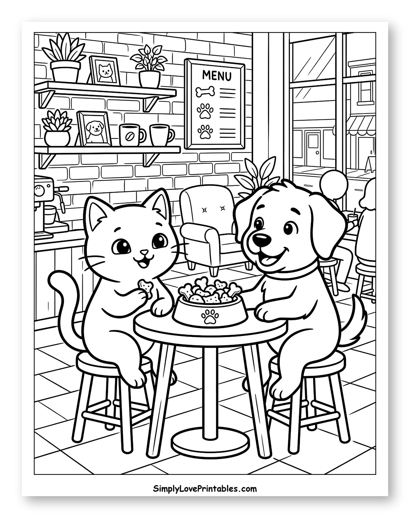 Happy Cat and Dog in a Cafe Coloring Page for Kids