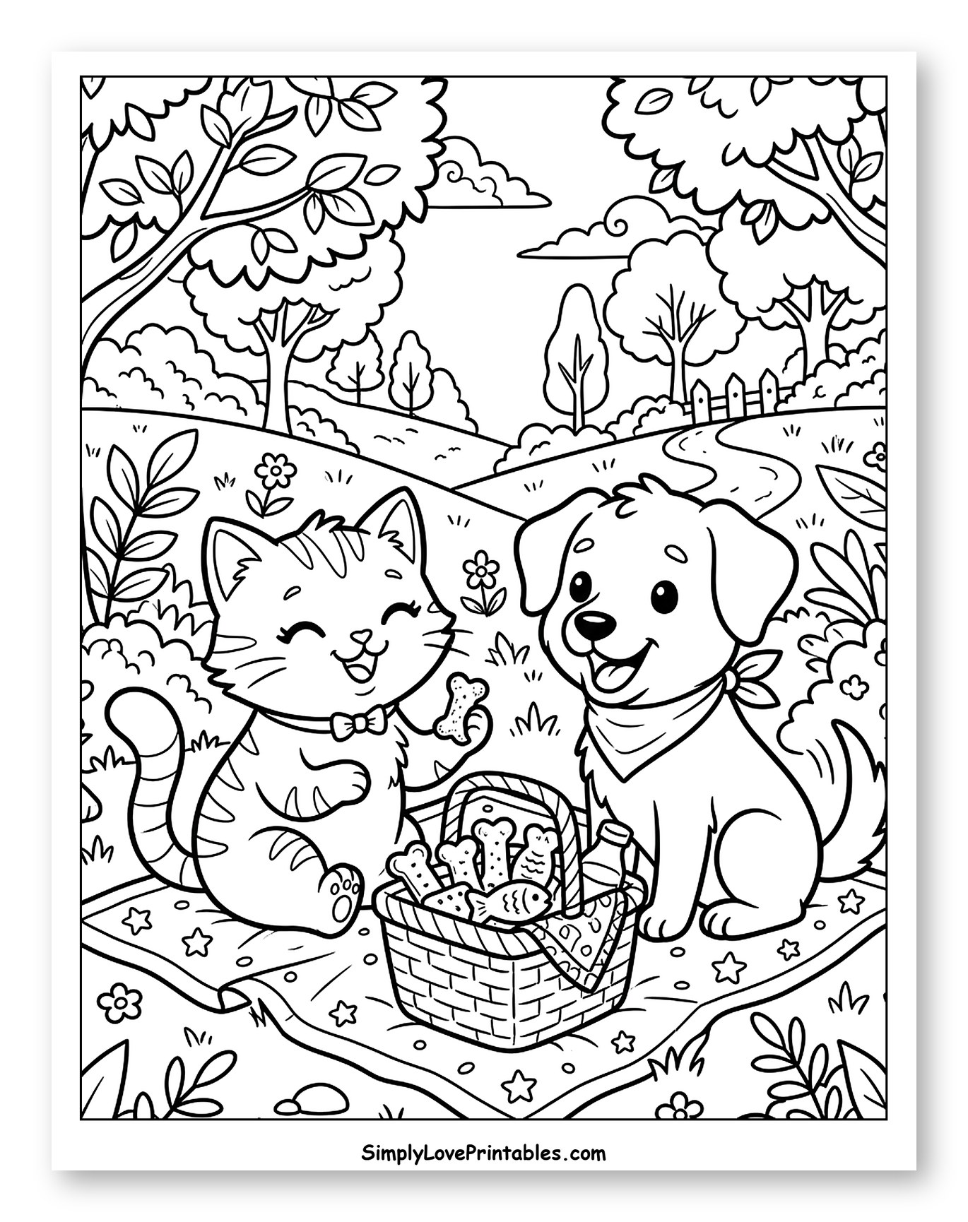 Happy Cat and Dog Picnic Outdoors to Color for Kids