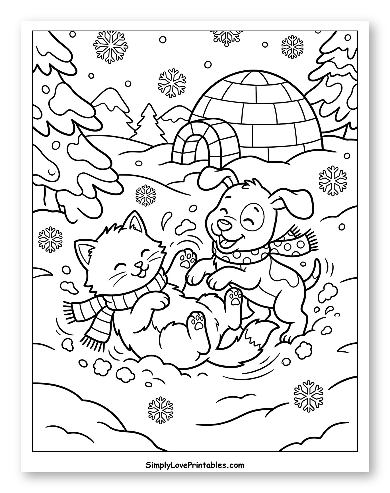 Happy Cat and Dog Playing in Snow Coloring Page for Kids
