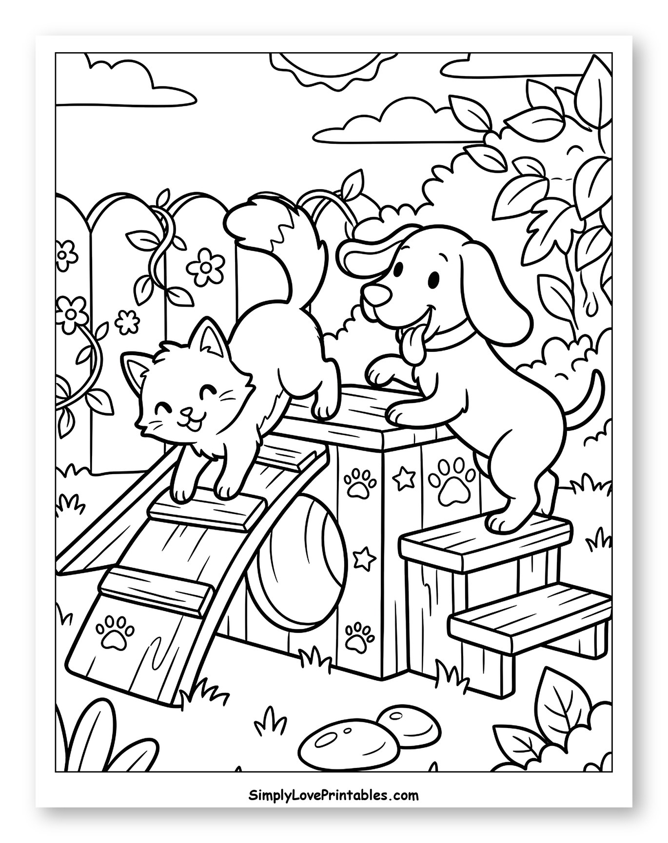 Happy Cat and Dog Playing Outdoors Coloring Sheet for Kids