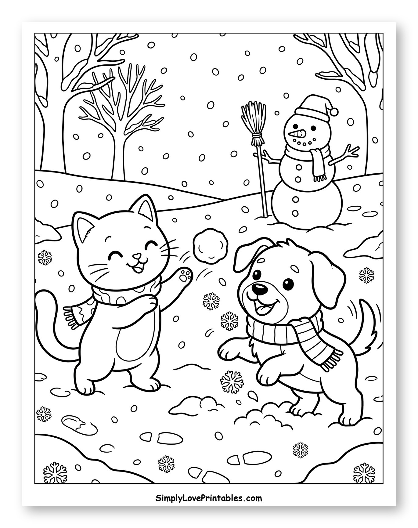 Happy Cat and Dog Playing with Snow Coloring Page for Kids
