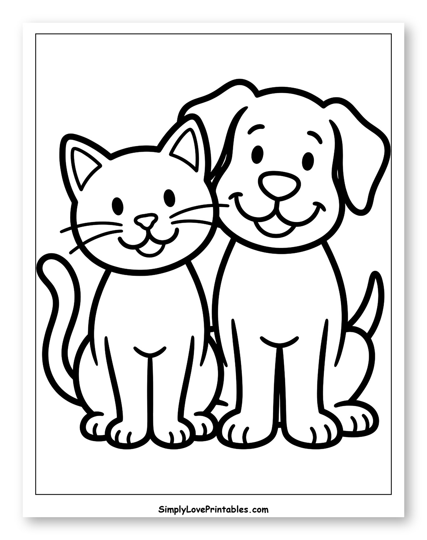 Happy Cat and Dog Sitting Together Coloring Page for Toddlers