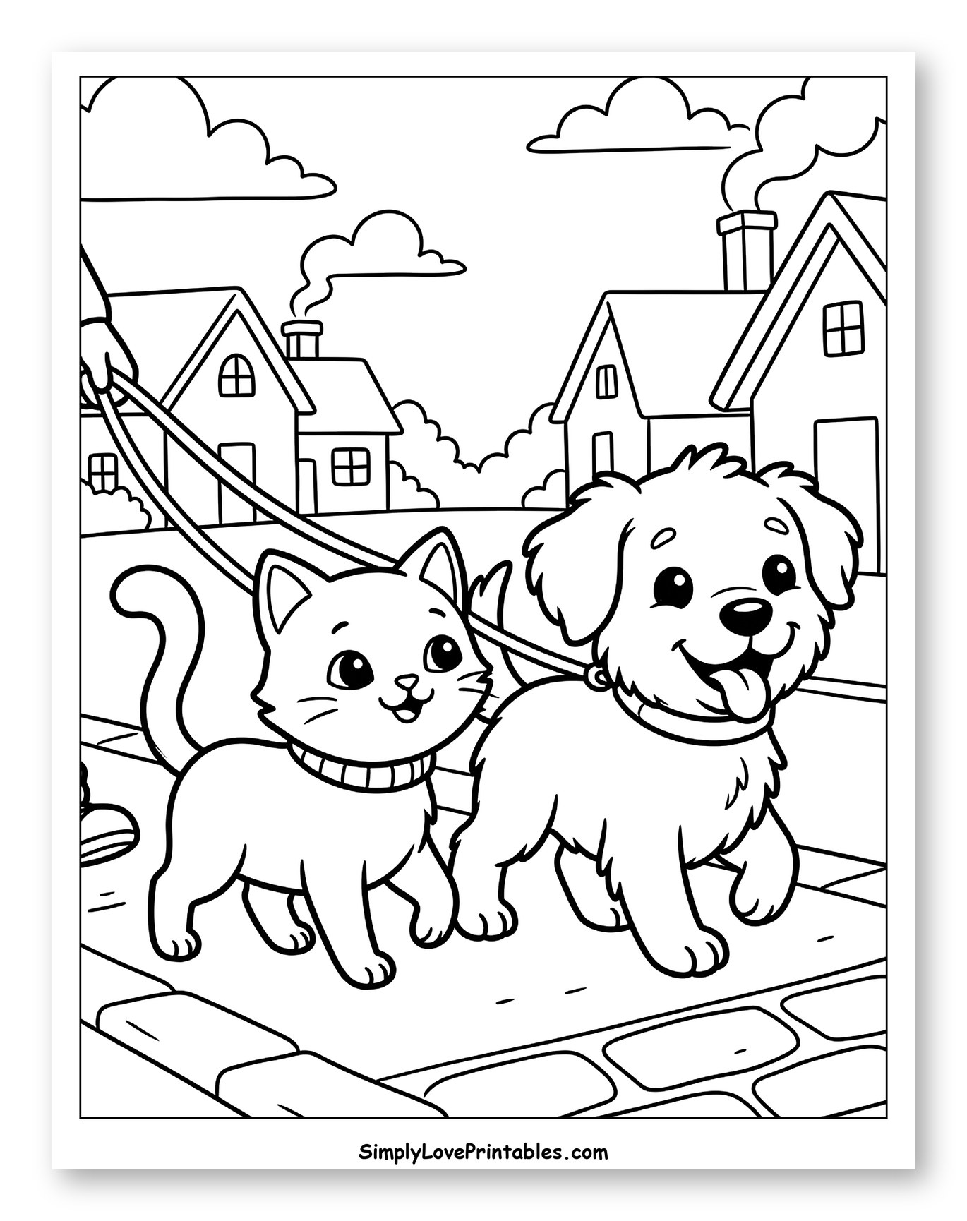 Happy Cat and Dog Stroll in Neighborhood