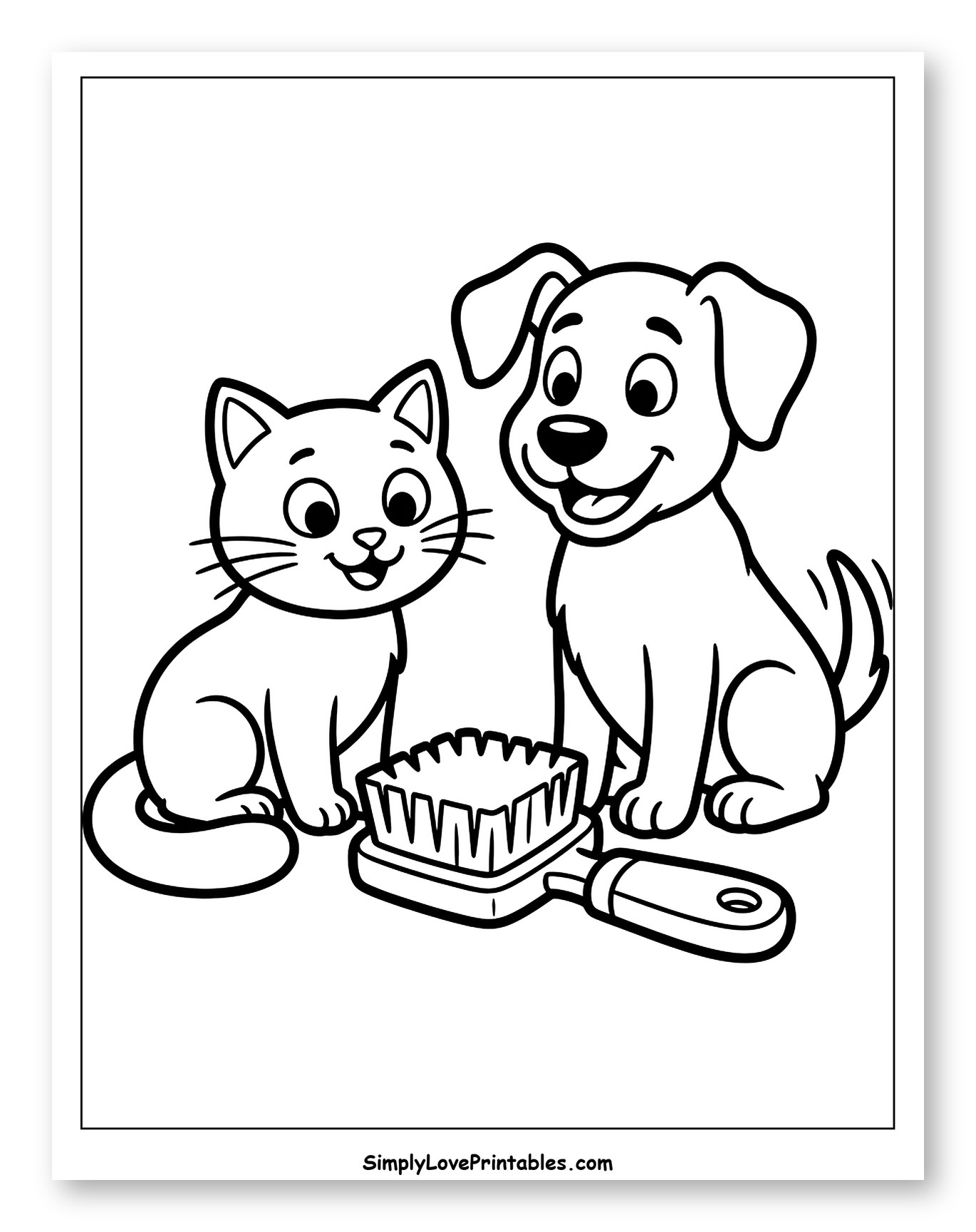 Happy Cat and Dog with Pet Brush Coloring Page for Toddlers
