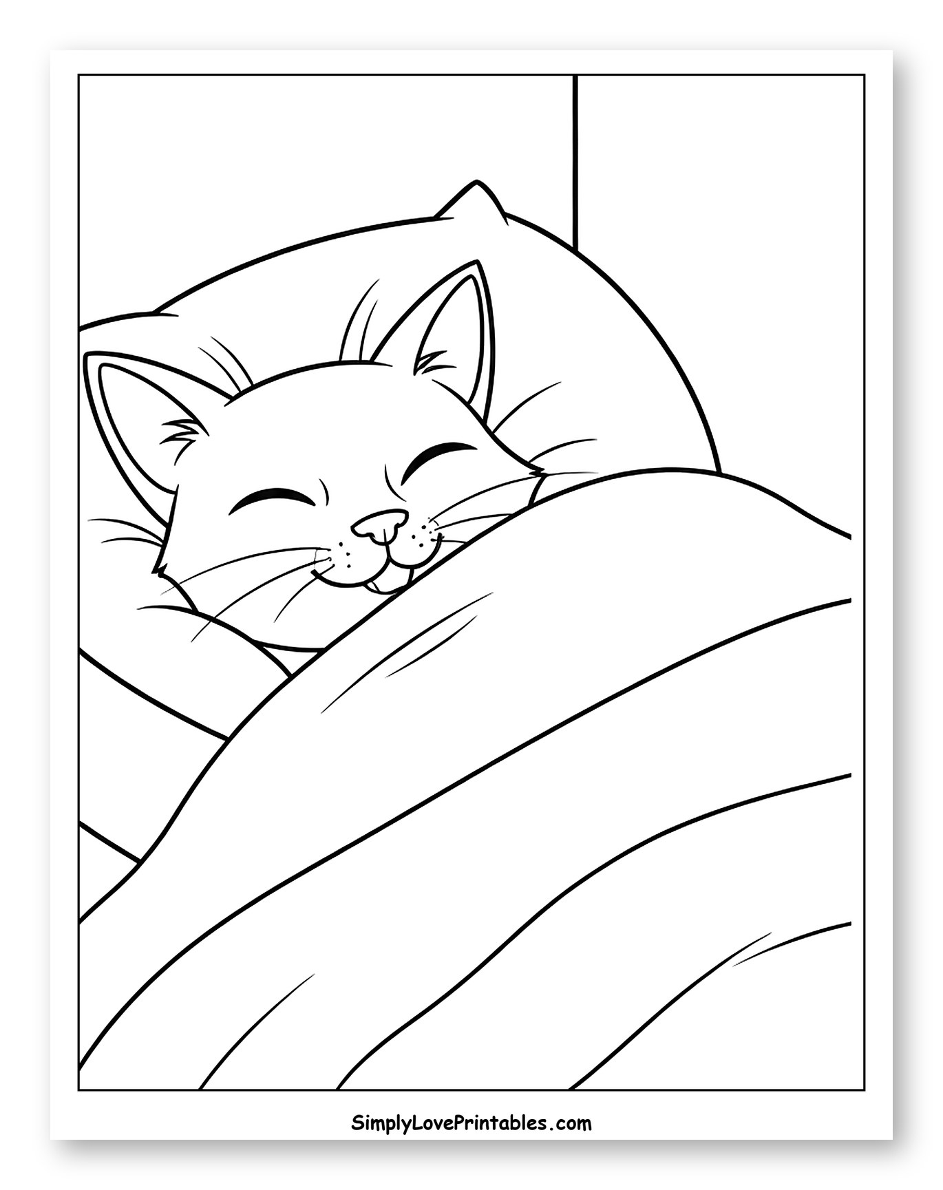 Happy Cat Asleep Under a Blanket Coloring Sheet for Toddlers