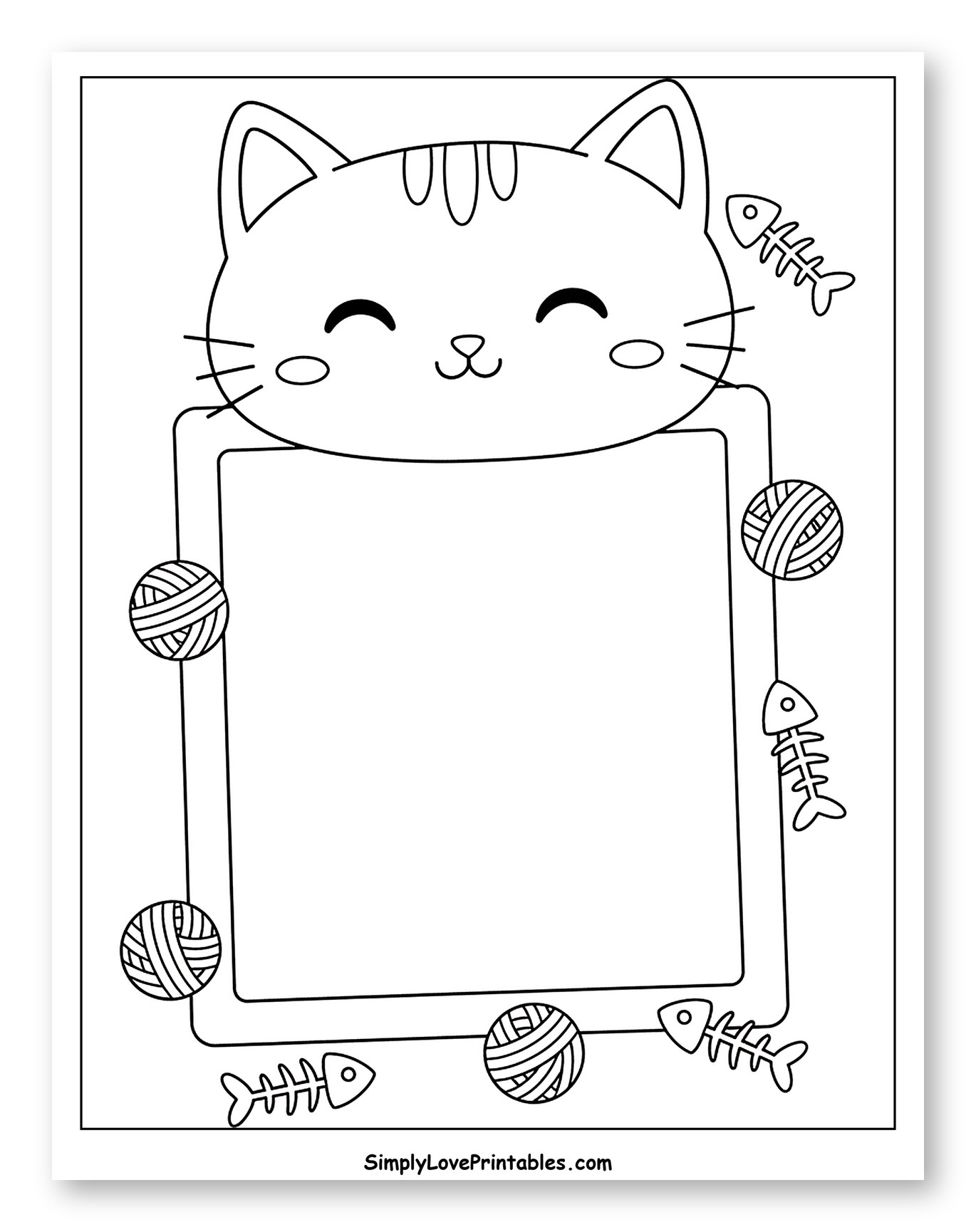 Happy Cat Frame with Fish and Yarn to Color for Kids