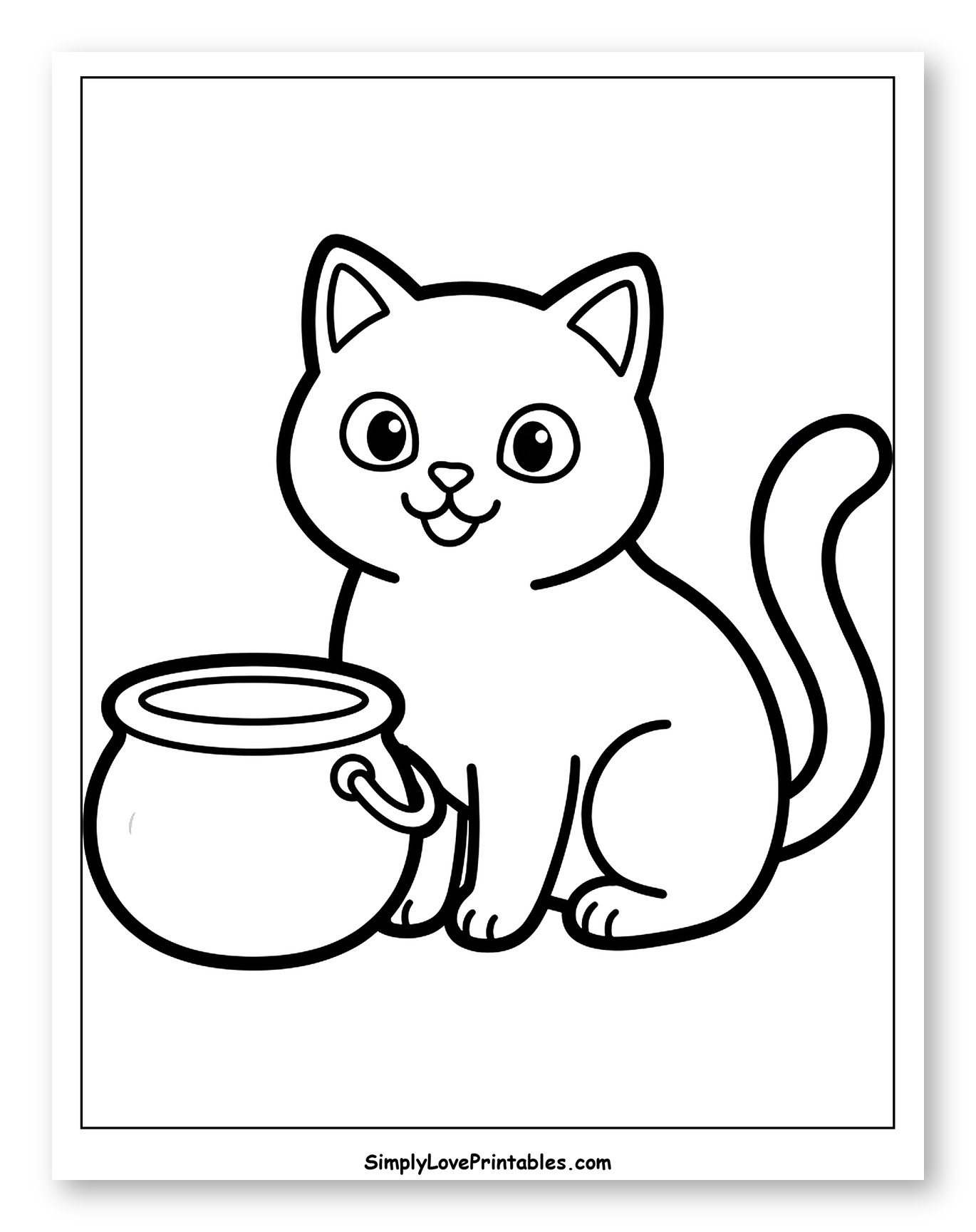 Happy Cat with Halloween Cauldron Coloring Sheet for Toddlers