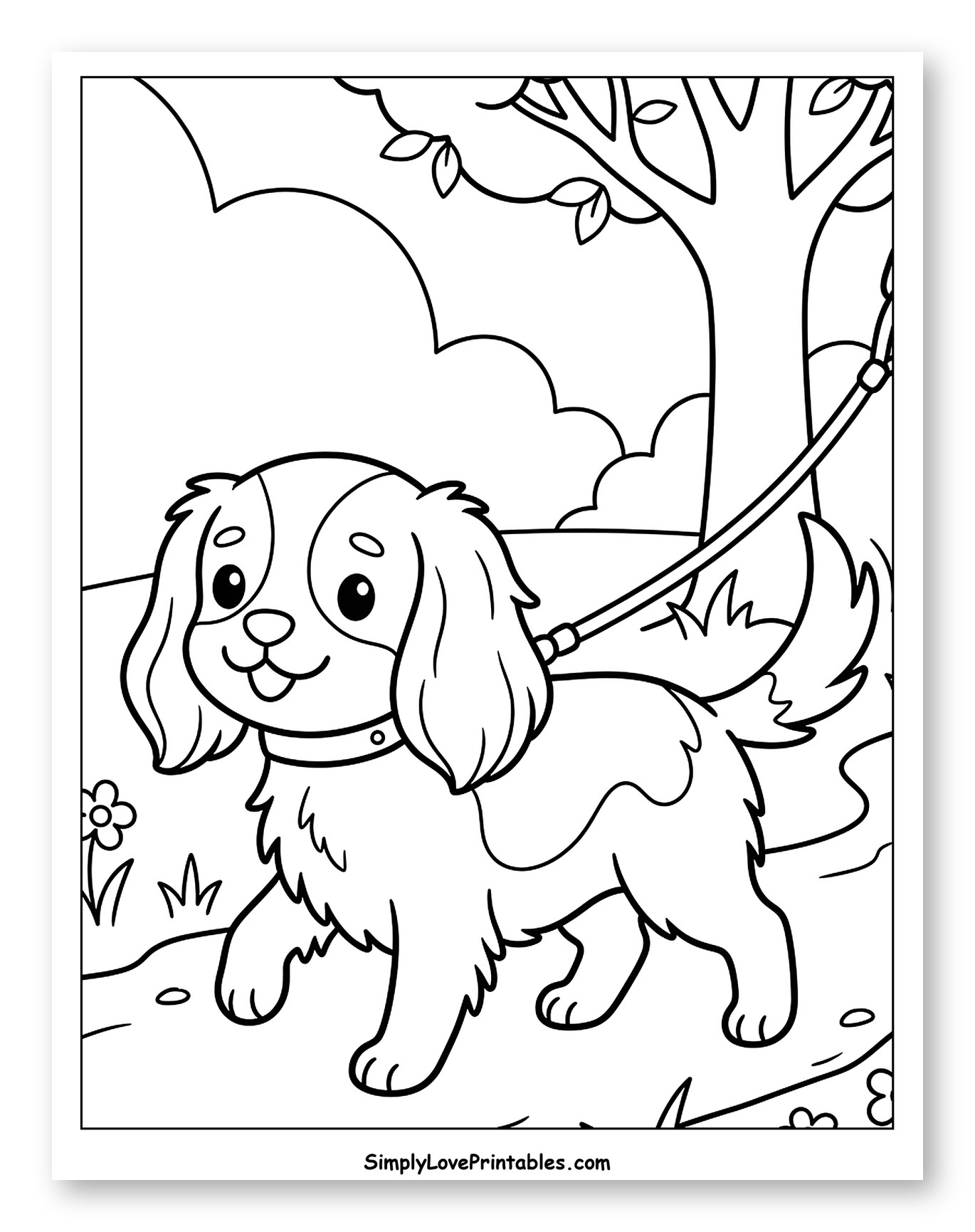 Happy Cavalier Dog on a Walk Coloring Page for Kids