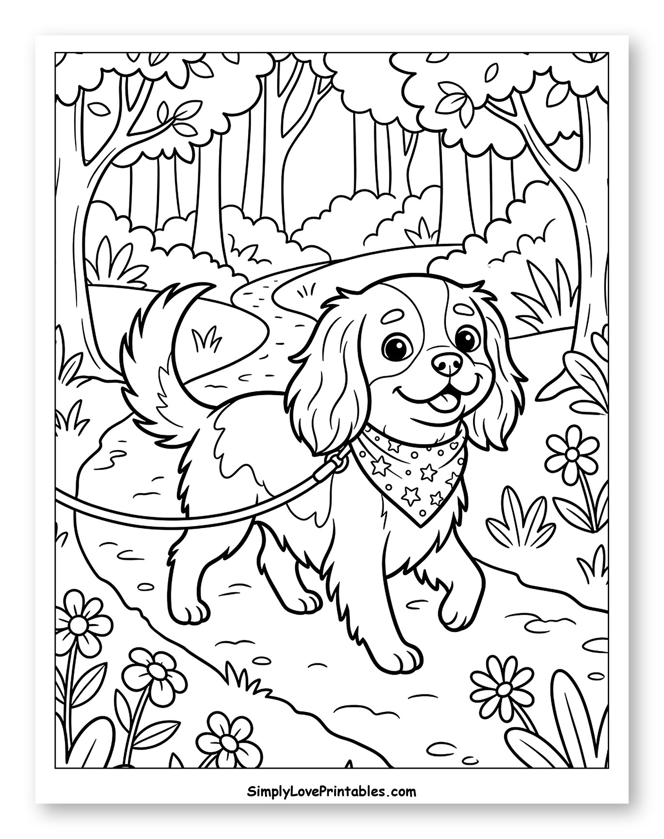 Happy Cavalier Dog on Forest Path to Color for Kids