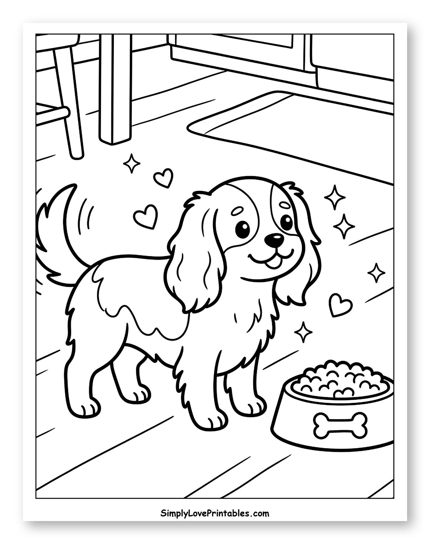 Happy Cavalier Dog with Food Bowl