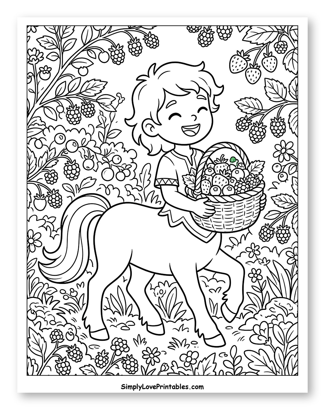Happy Centaur Boy with a Basket of Berries to Color for Kids