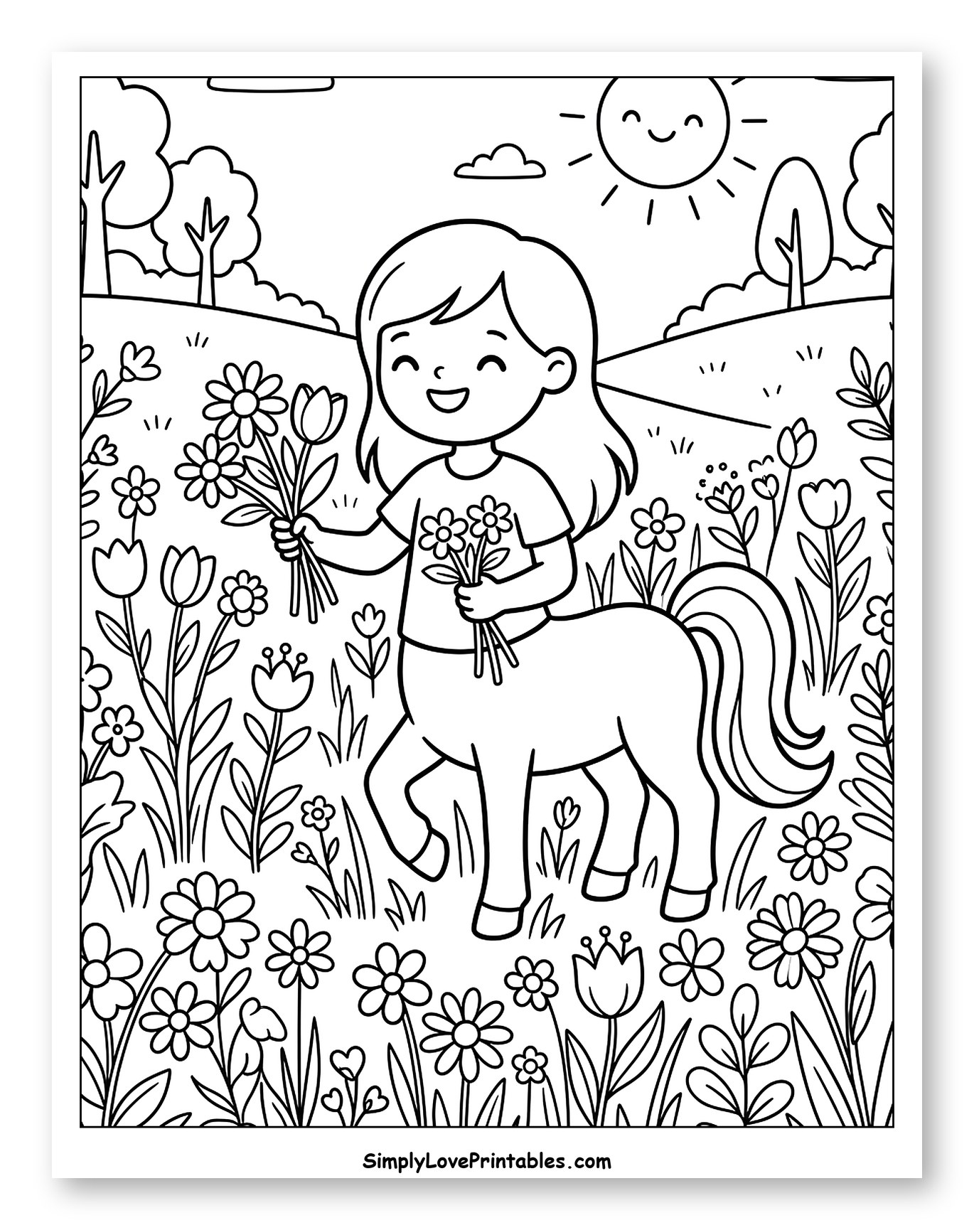 Happy Centaur Girl Picking Flowers Coloring Sheet for Kids