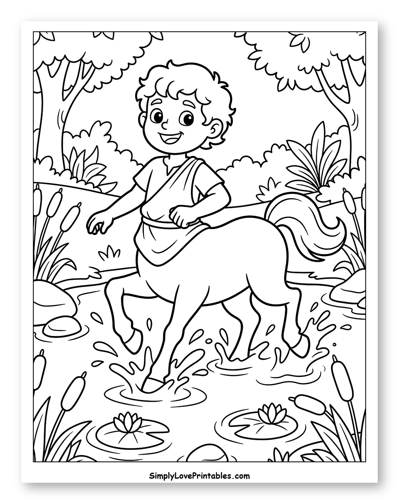Happy Centaur Splashing in a Pond Coloring Sheet for Kids