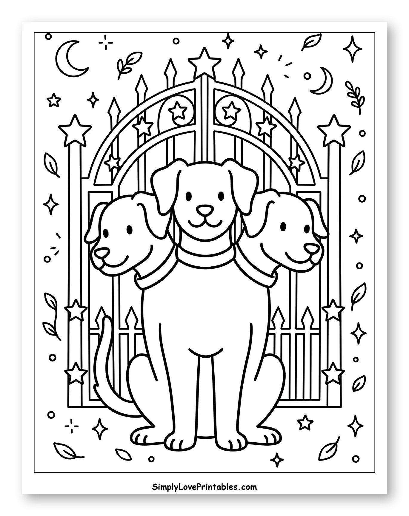 Happy Cerberus Guarding a Starry Gate Coloring Sheet for Adults