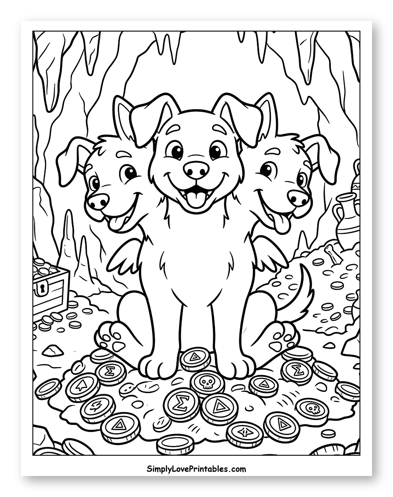 Happy Cerberus Guarding Treasure in a Cave to Color for Kids