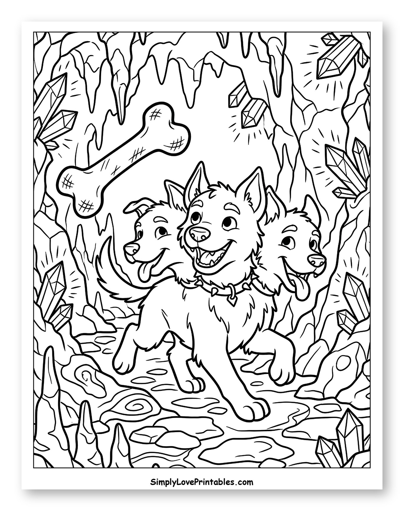 Happy Cerberus with a Bone in a Crystal Cave to Color for Kids