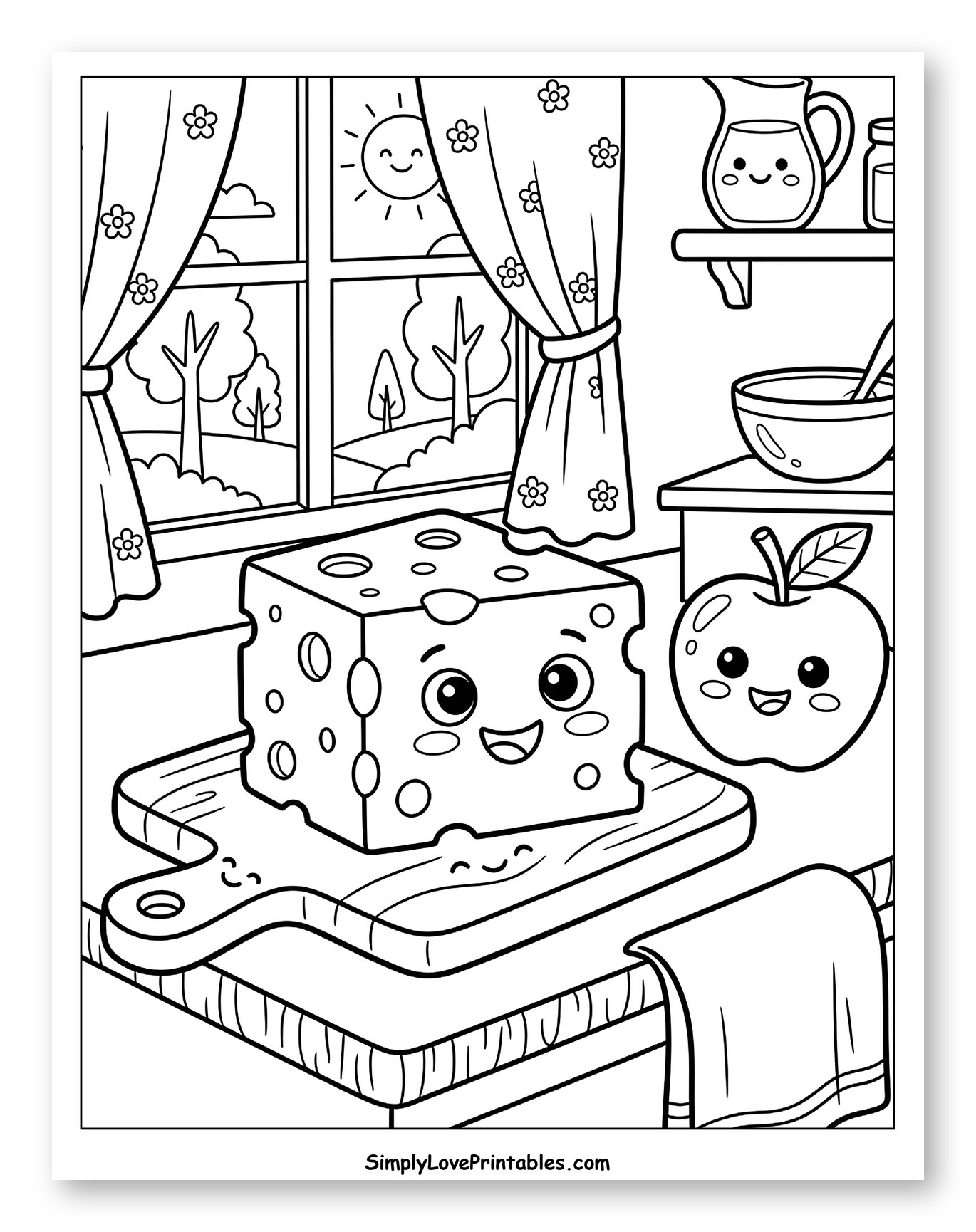 Happy Cheese Block and Apple on a Counter