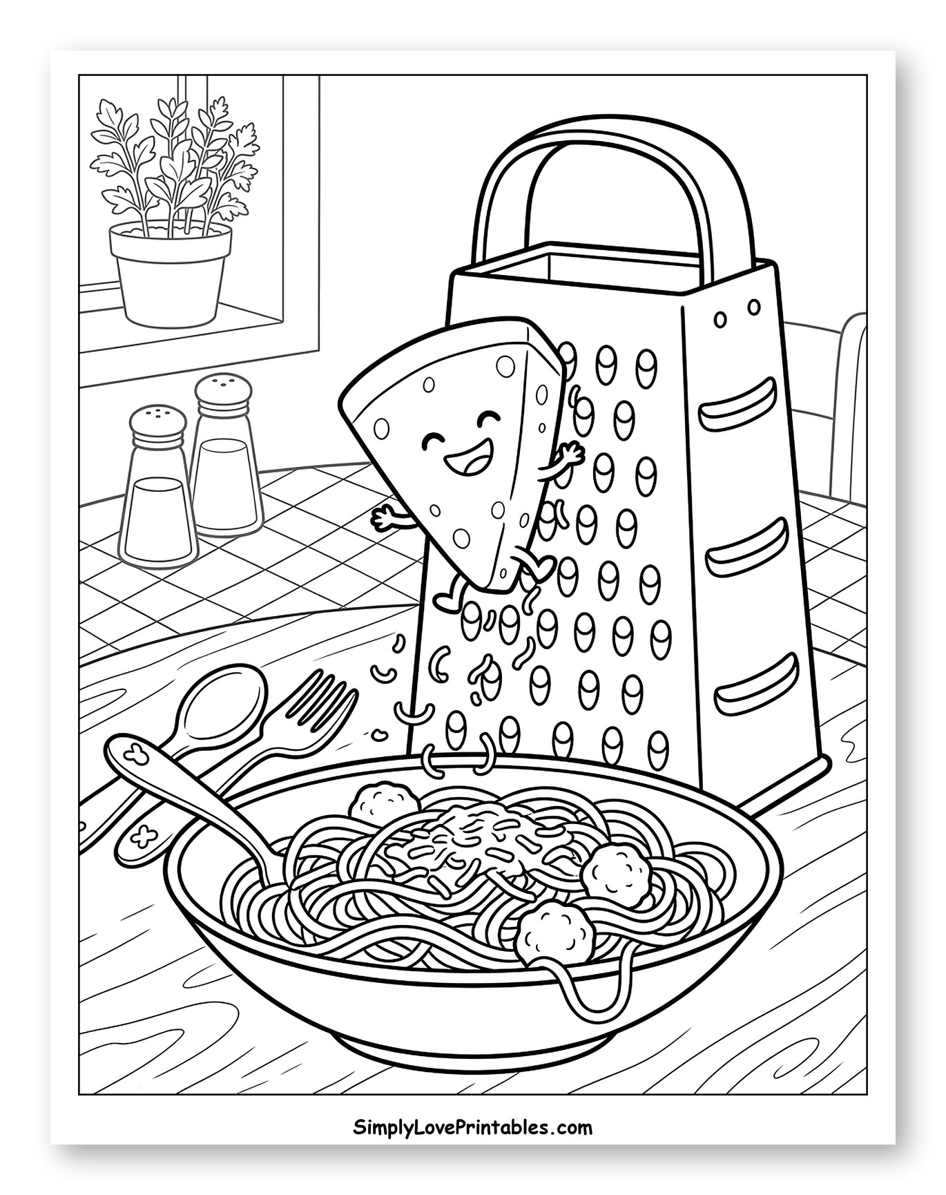Happy Cheese Grating over Spaghetti and Meatballs