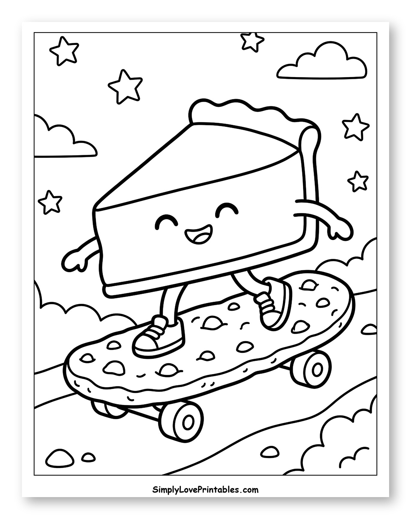 Happy Cheesecake Slice Skateboarding with Cookie Board Coloring Page for Kids