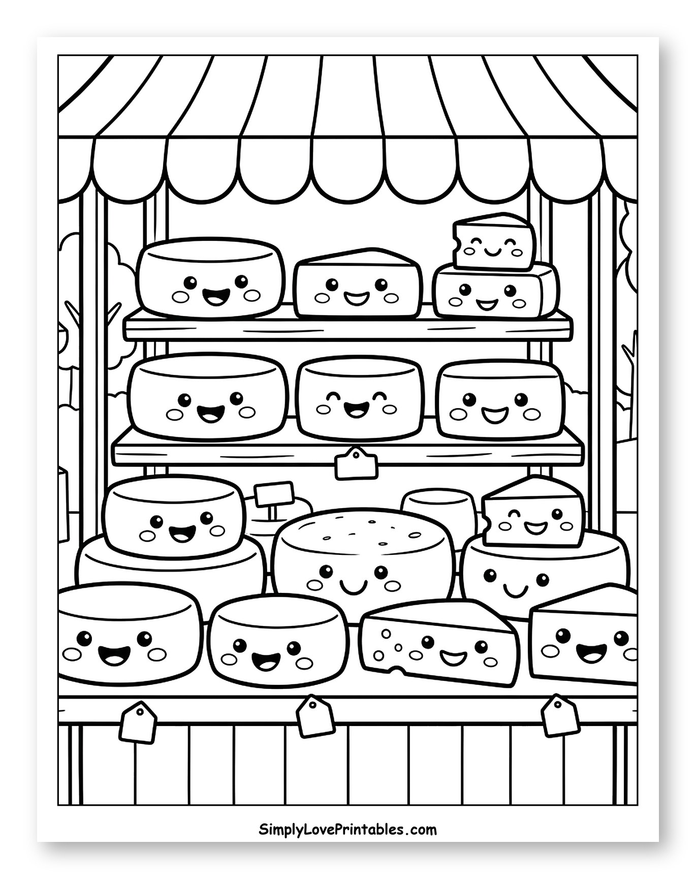 Happy Cheeses Displayed at a Market Stall Coloring Sheet for Kids