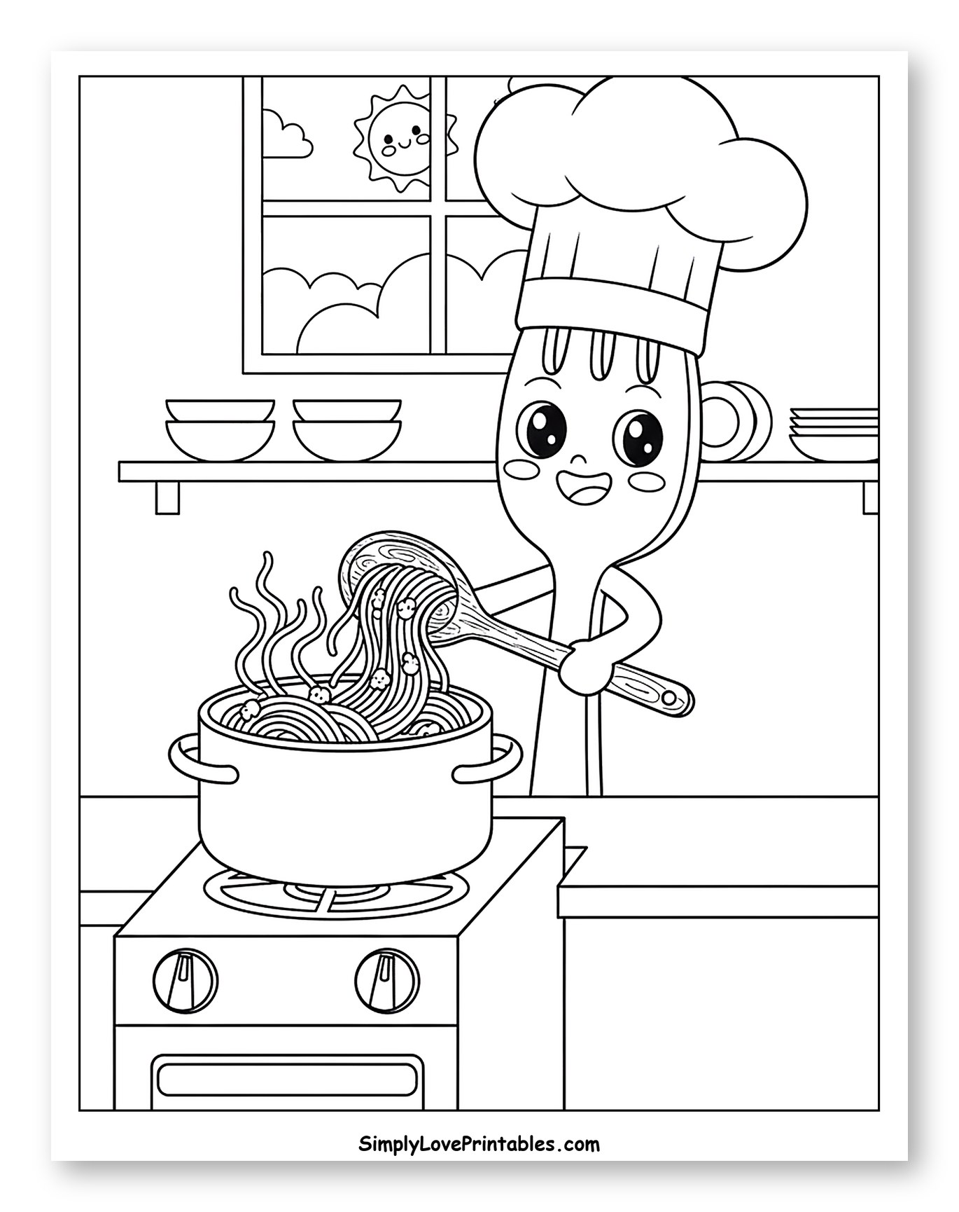 Happy Chef Fork Cooking Spaghetti in Kitchen