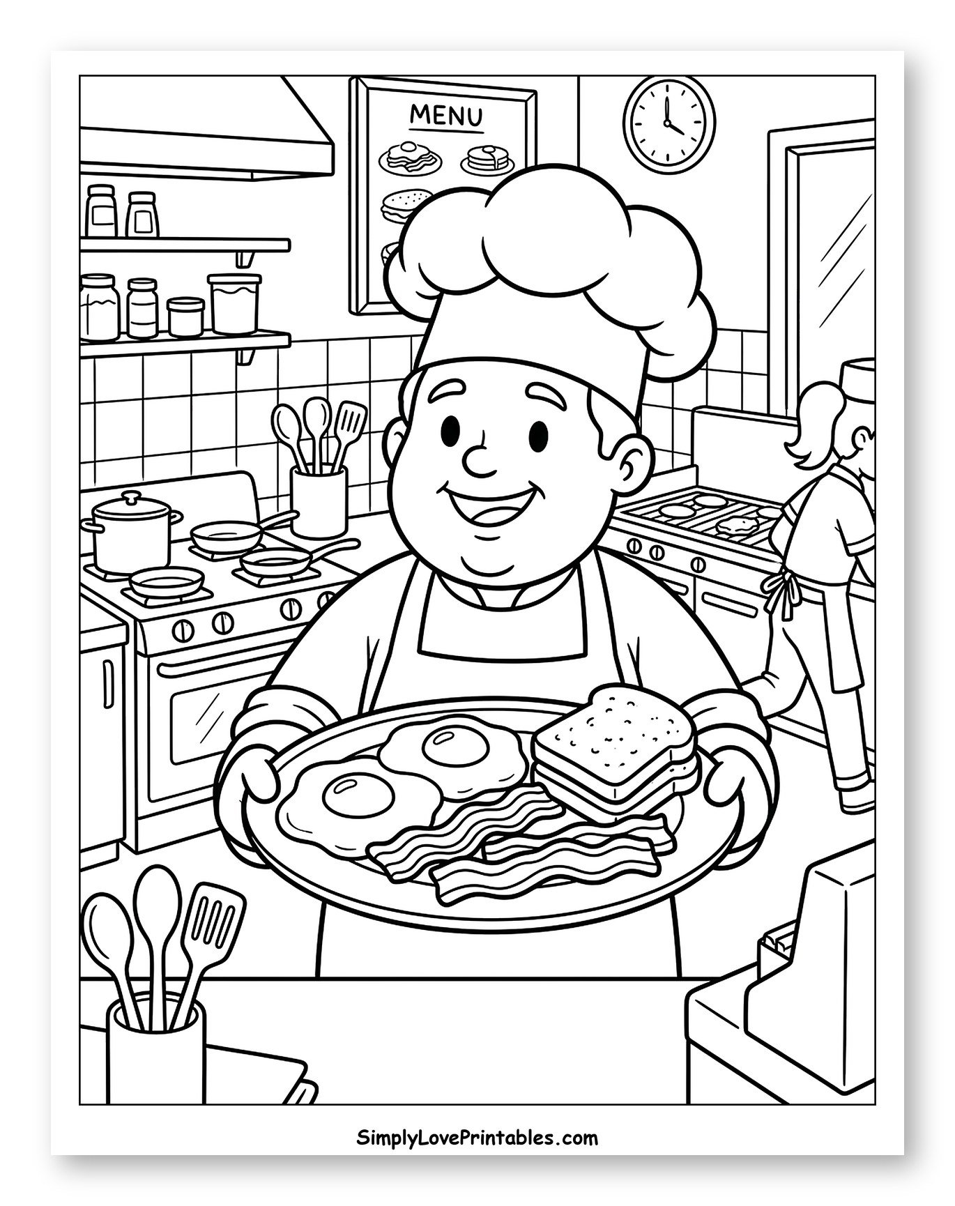 Happy Chef Holding Breakfast Plate in Diner Kitchen