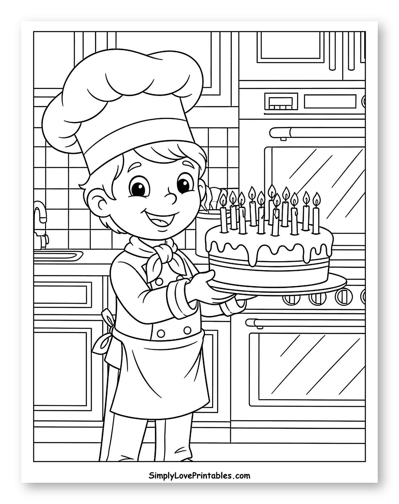 Happy Chef Holding Cake with Lit Candles Coloring Page for Kids