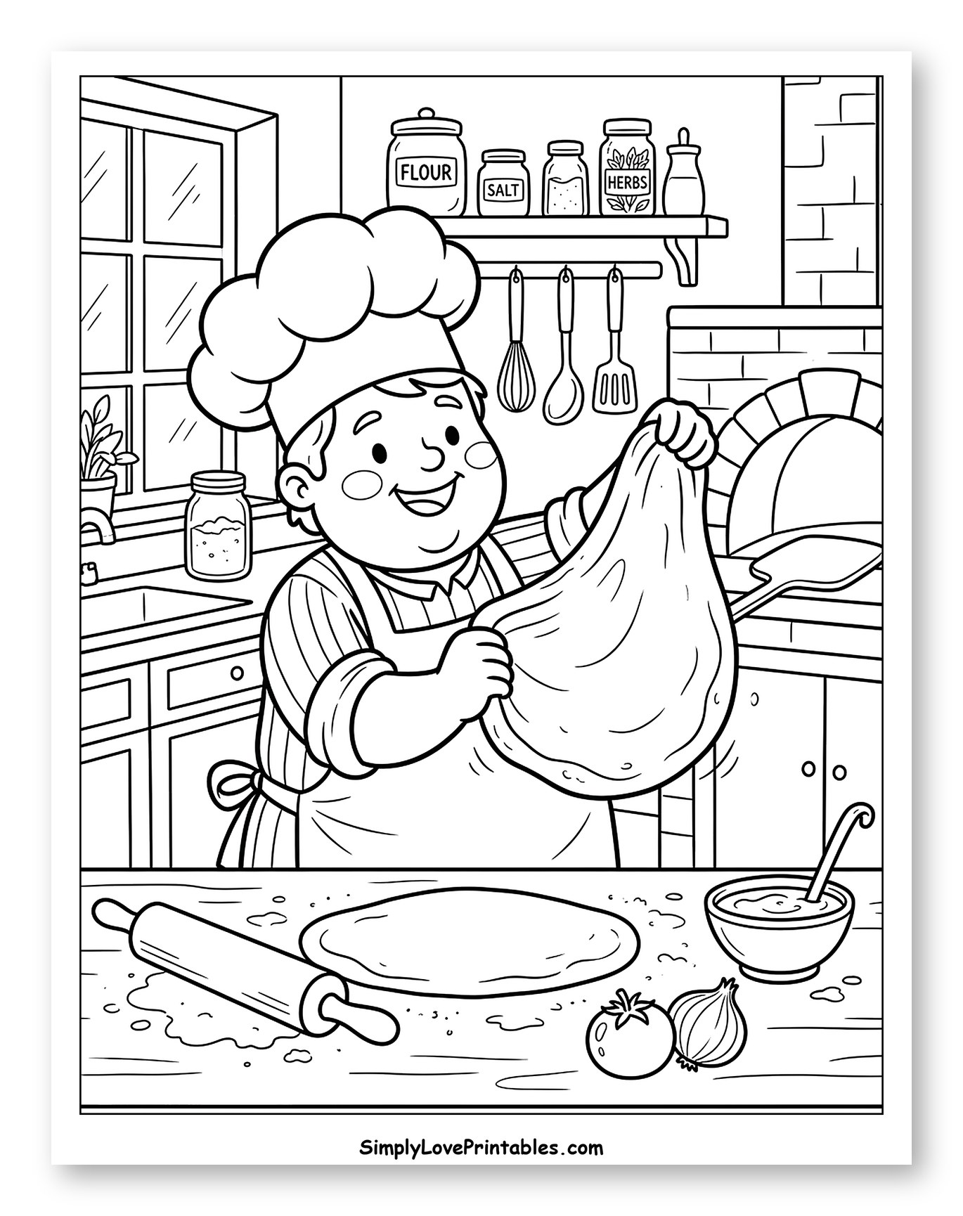 Happy Chef Stretching Pizza Dough to Color for Kids