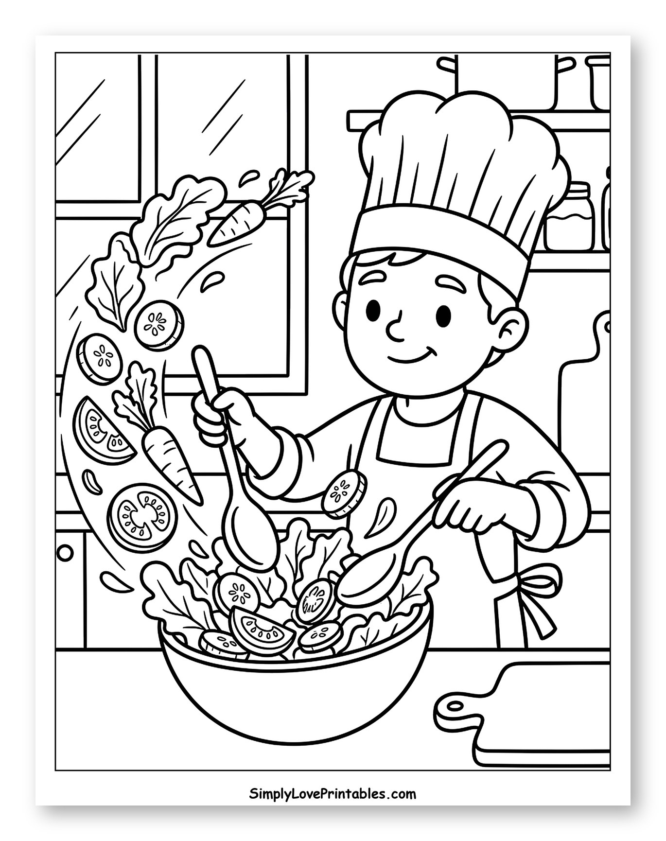 Happy Chef Tosses a Big Salad Coloring Sheet for Kids
