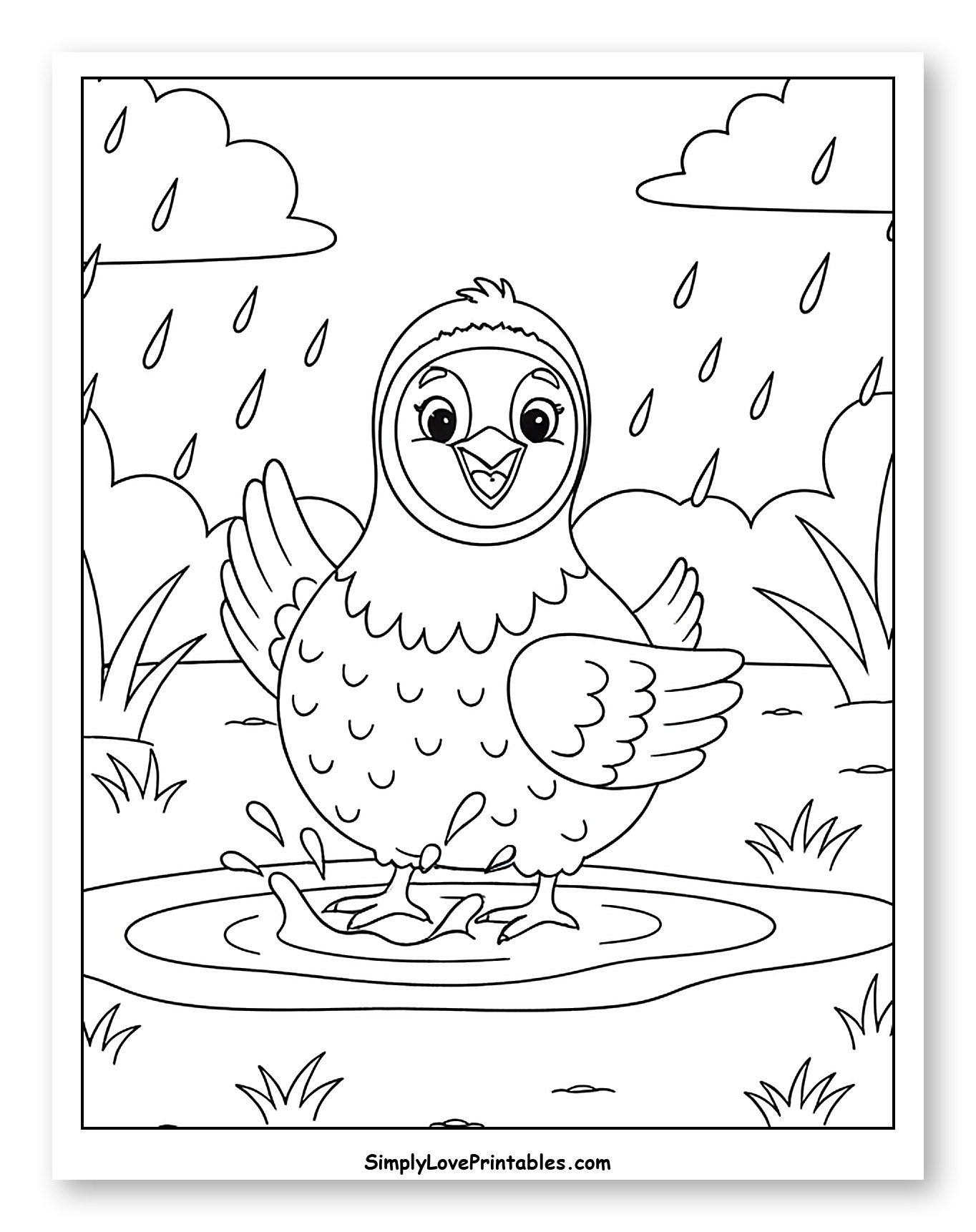 Happy Chick Splashing in a Puddle to Color for Kids