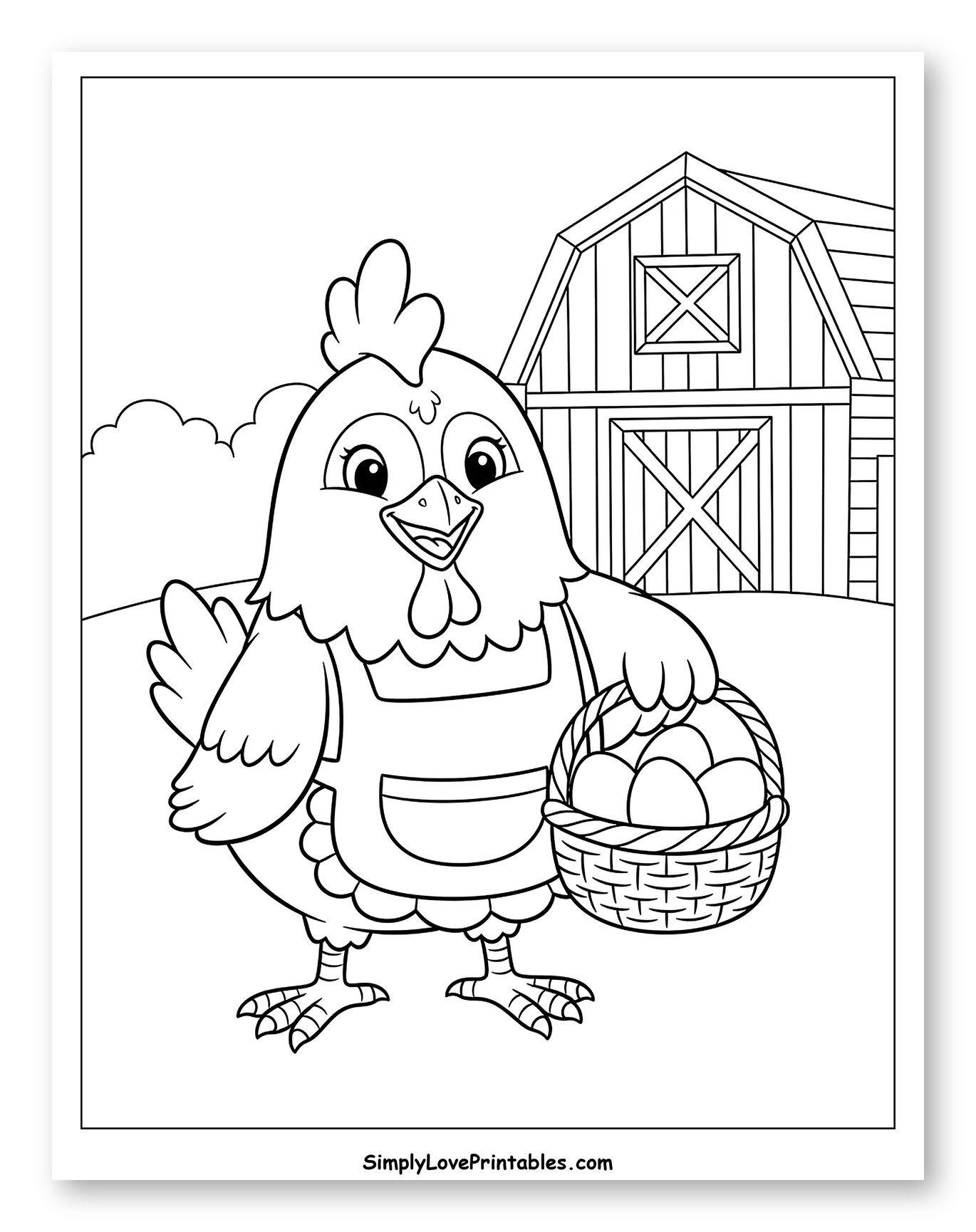 Happy Chicken Collecting Eggs by a Barn Coloring Sheet for Kids