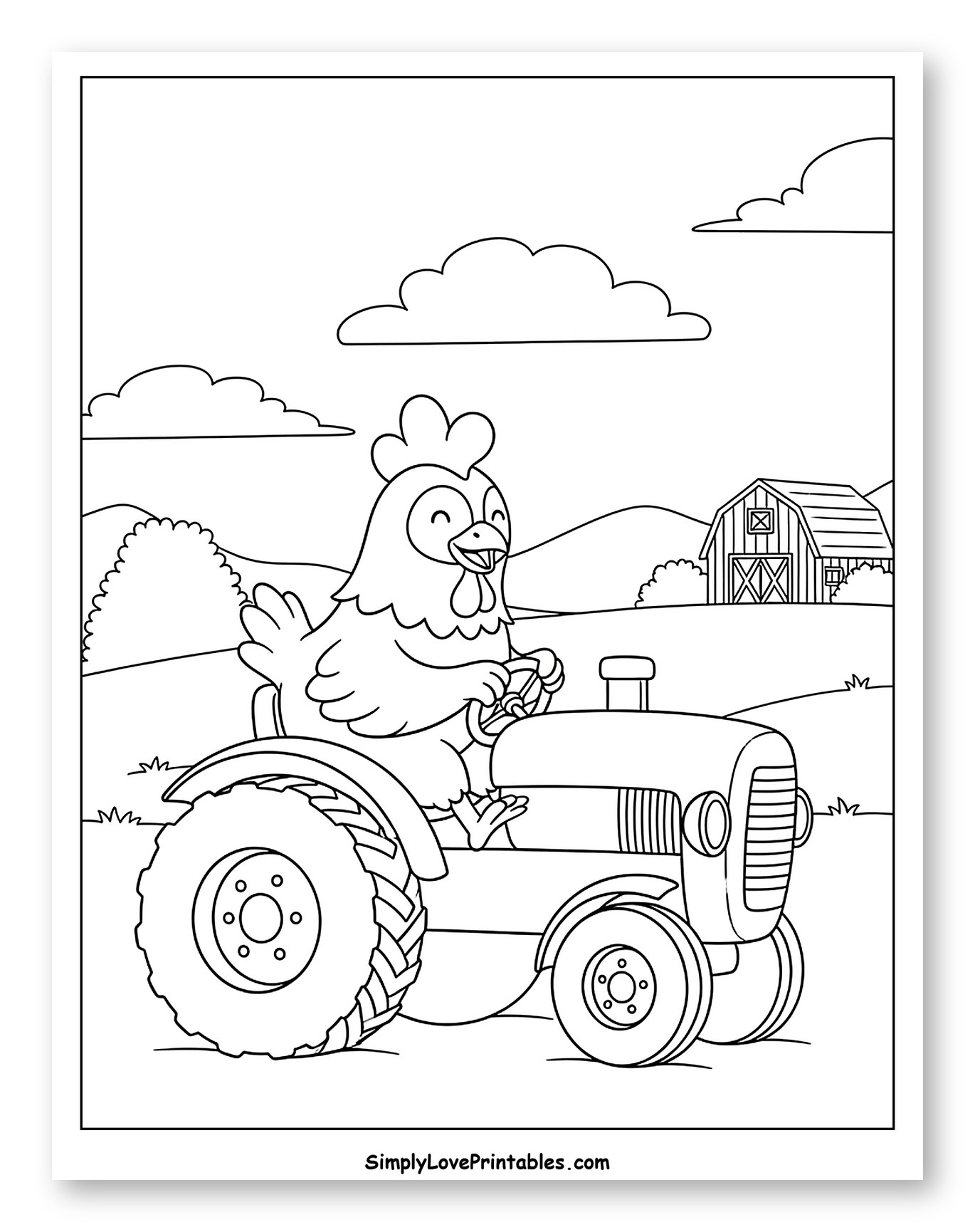 Happy Chicken Driving a Tractor on a Farm