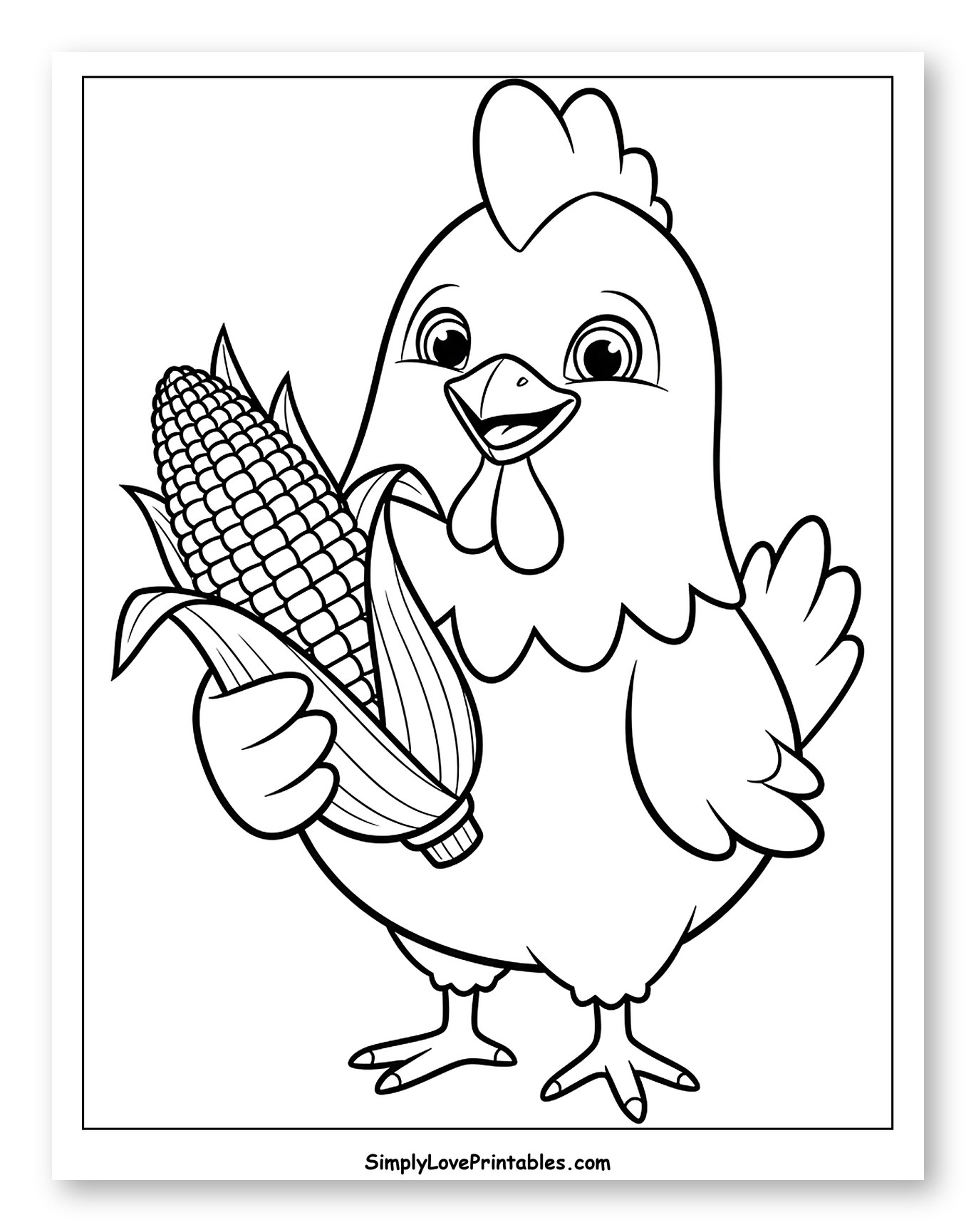 Happy Chicken Holding an Ear of Corn