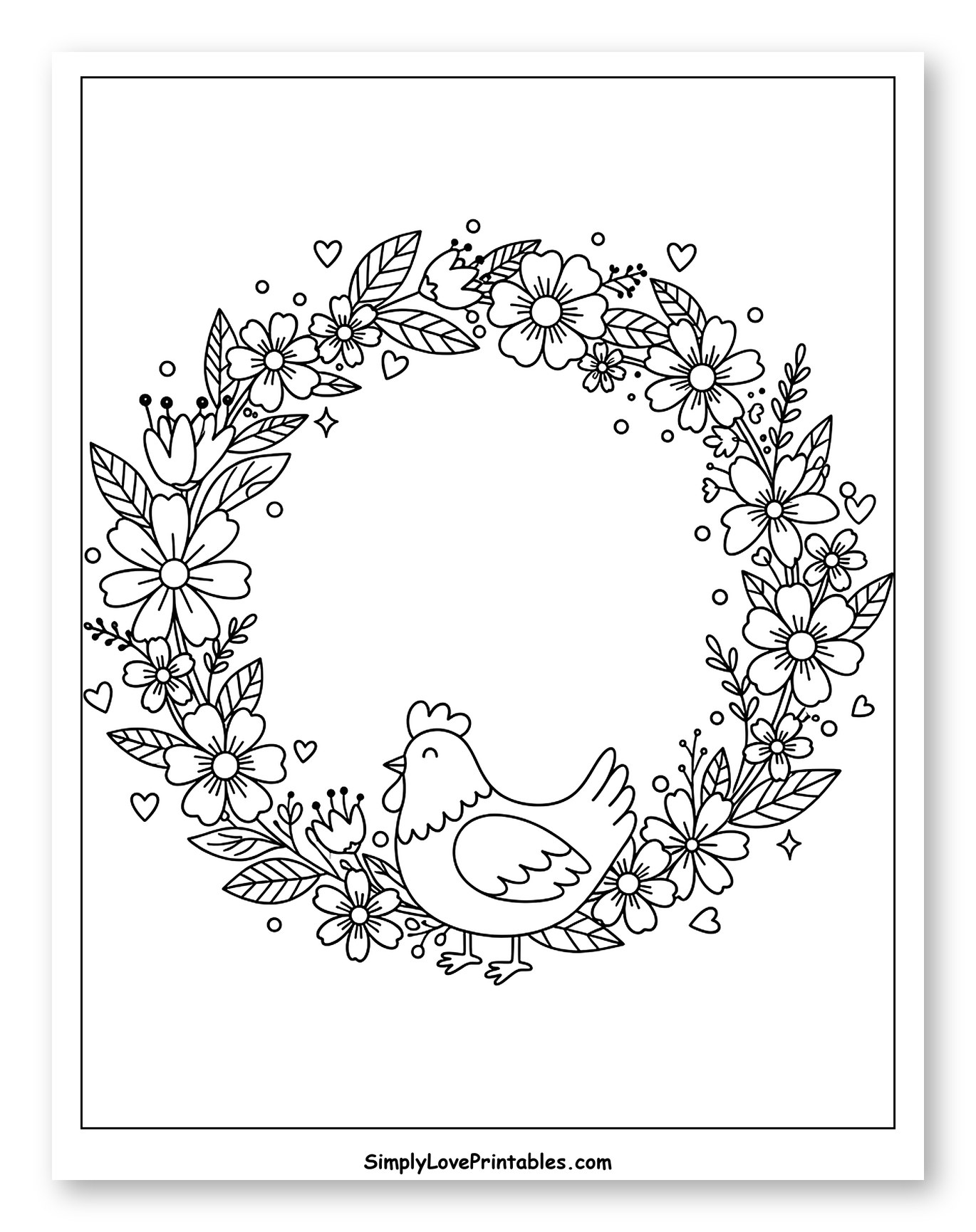 Happy Chicken in a Spring Flower Wreath Coloring Page for Adults