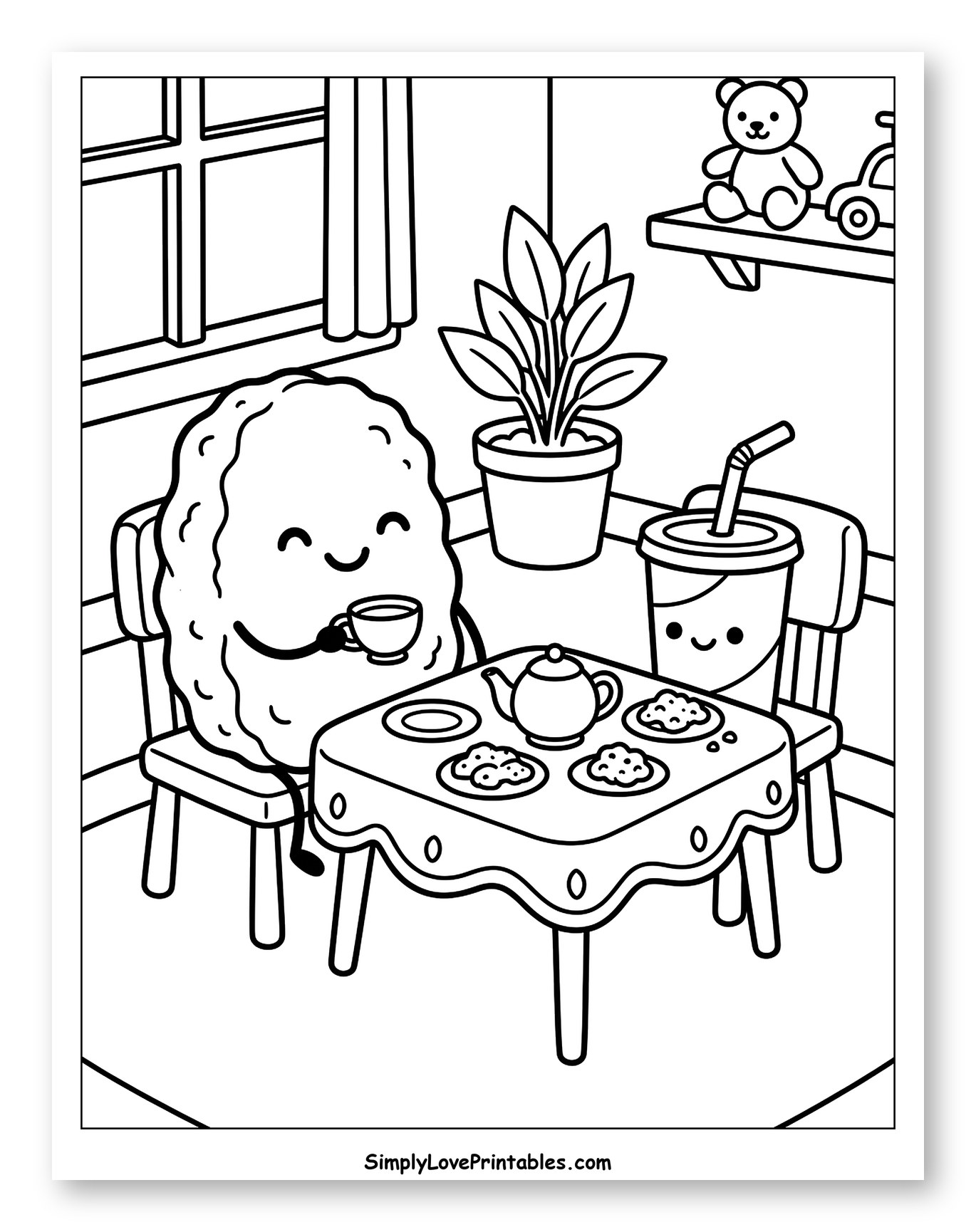 Happy Chicken Nugget at Tea Time Coloring Sheet for Kids