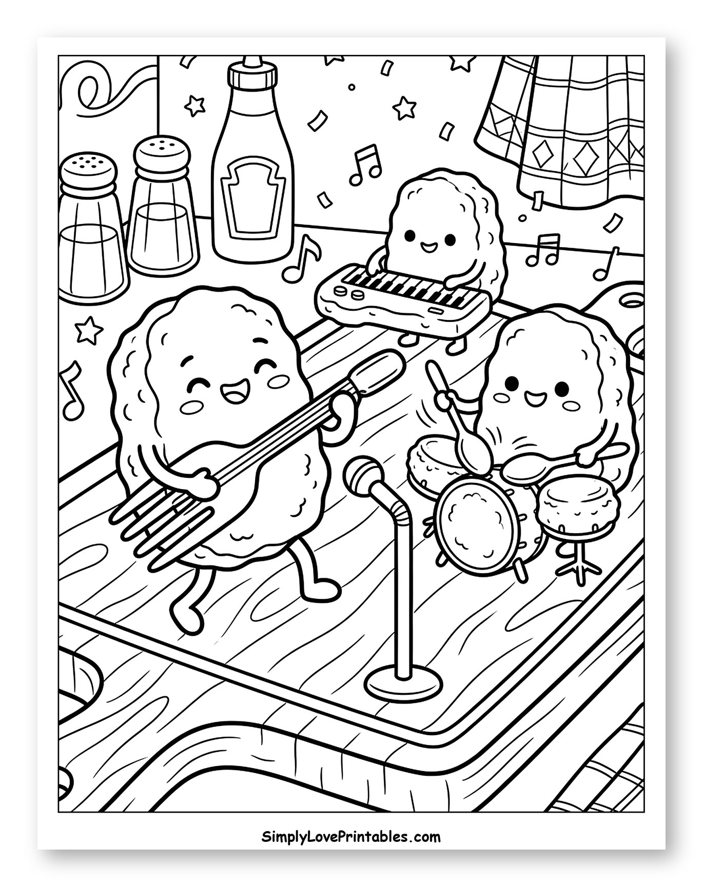 Happy Chicken Nugget Band on Cutting Board Coloring Sheet for Kids