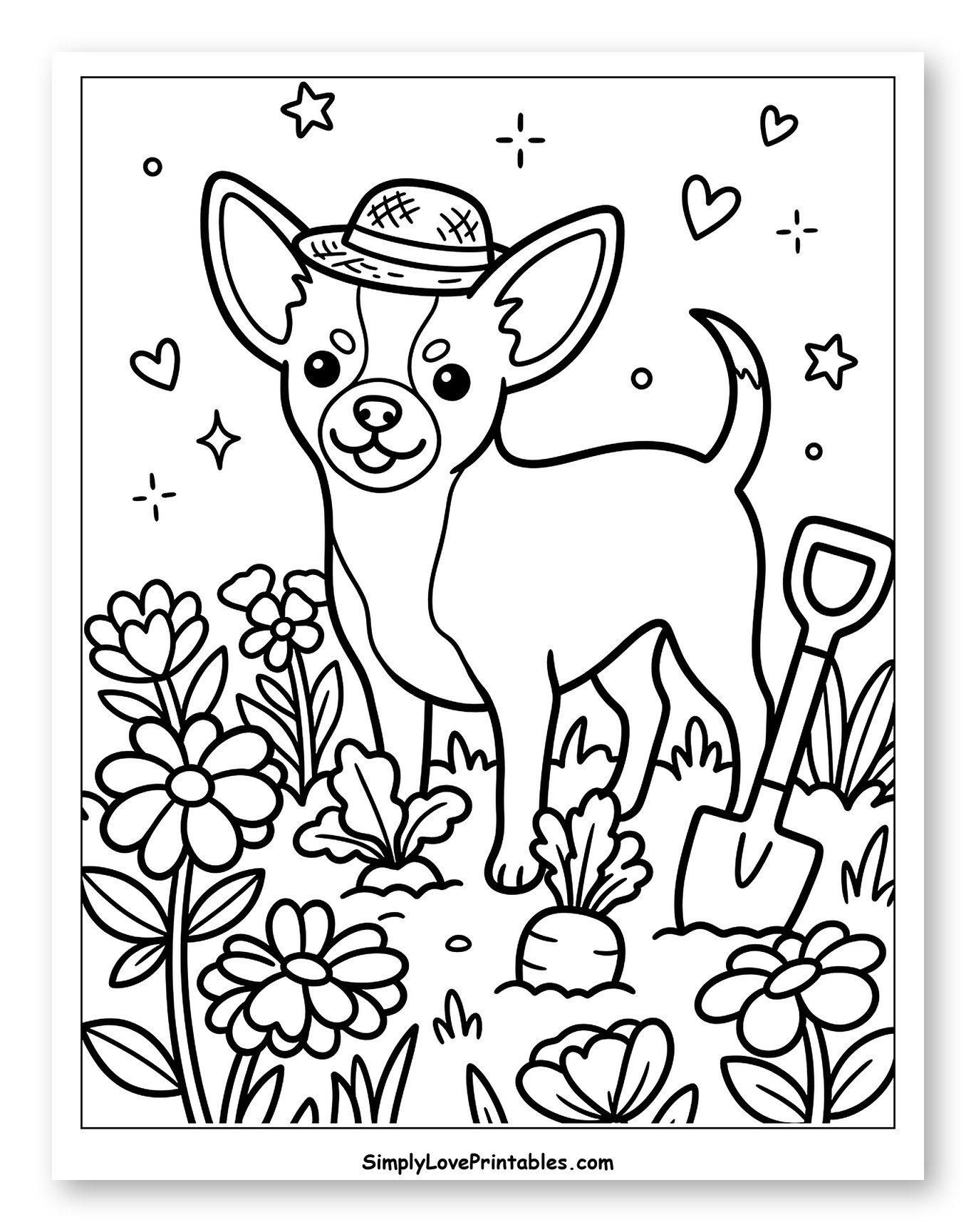 Happy Chihuahua in a Garden Hat Coloring Page for Adults