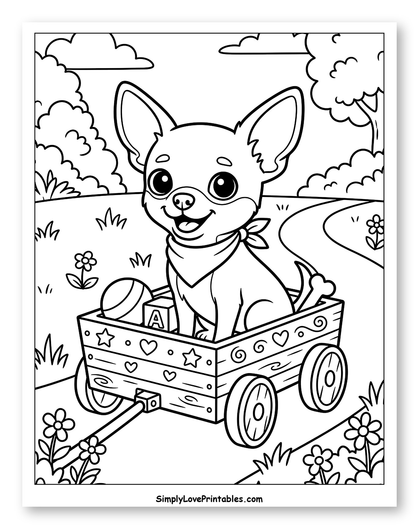 Happy Chihuahua Puppy Riding in a Little Wagon to Color for Kids