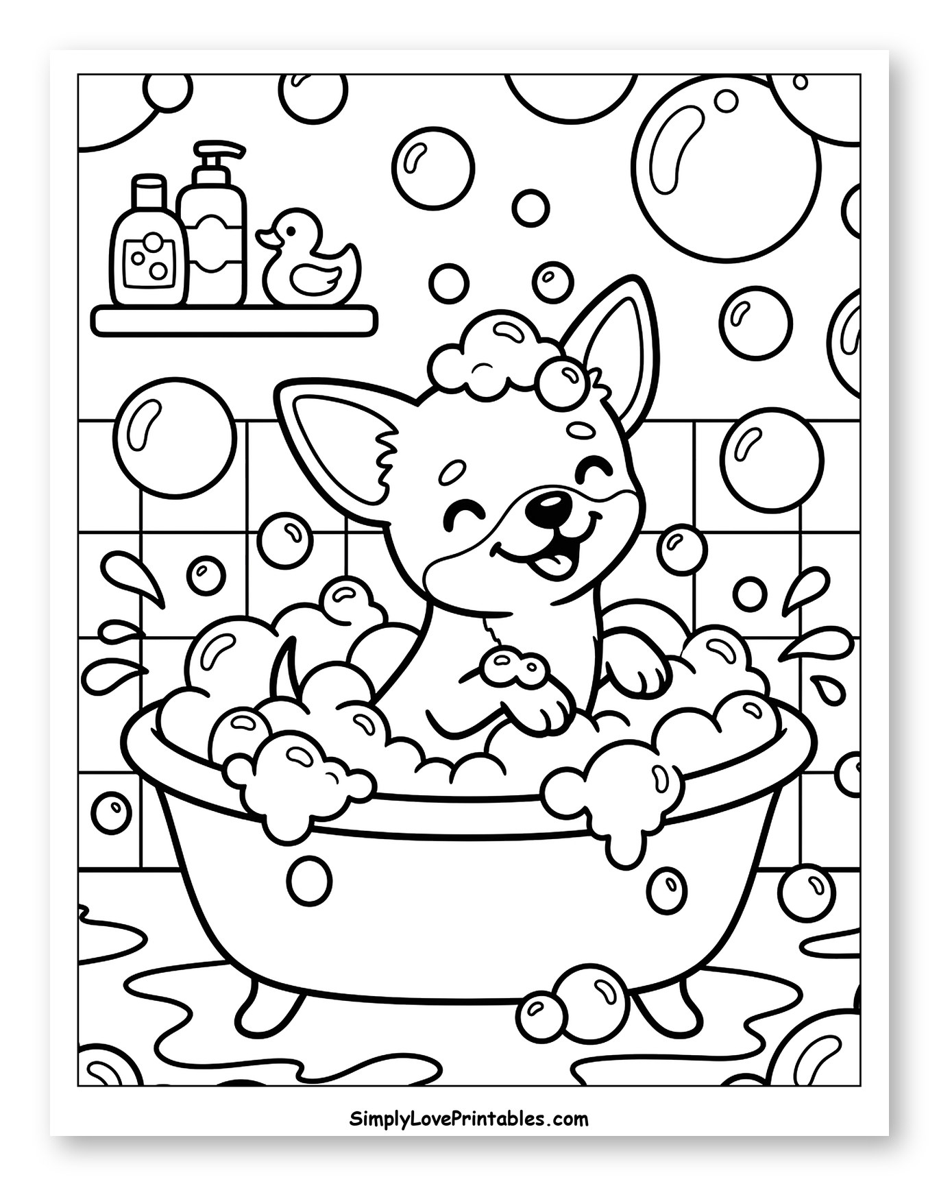Happy Chihuahua Taking a Bubble Bath Coloring Sheet for Kids