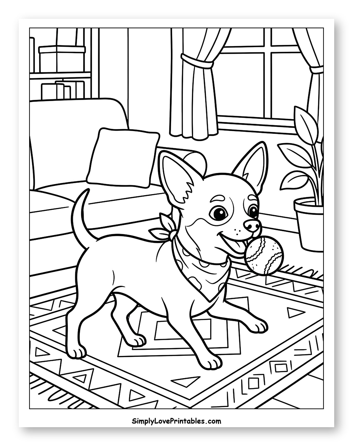 Happy Chihuahua with Ball in Living Room to Color for Kids