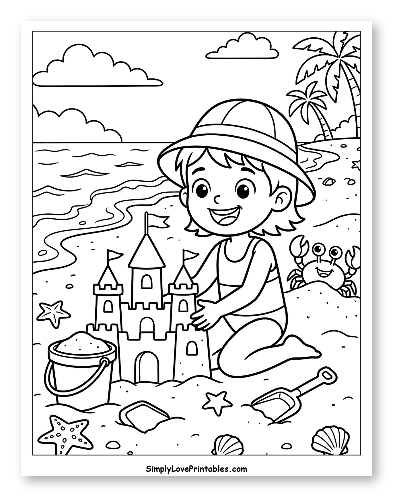 Happy Child Building Sandcastle on the Beach Coloring Page for Kids