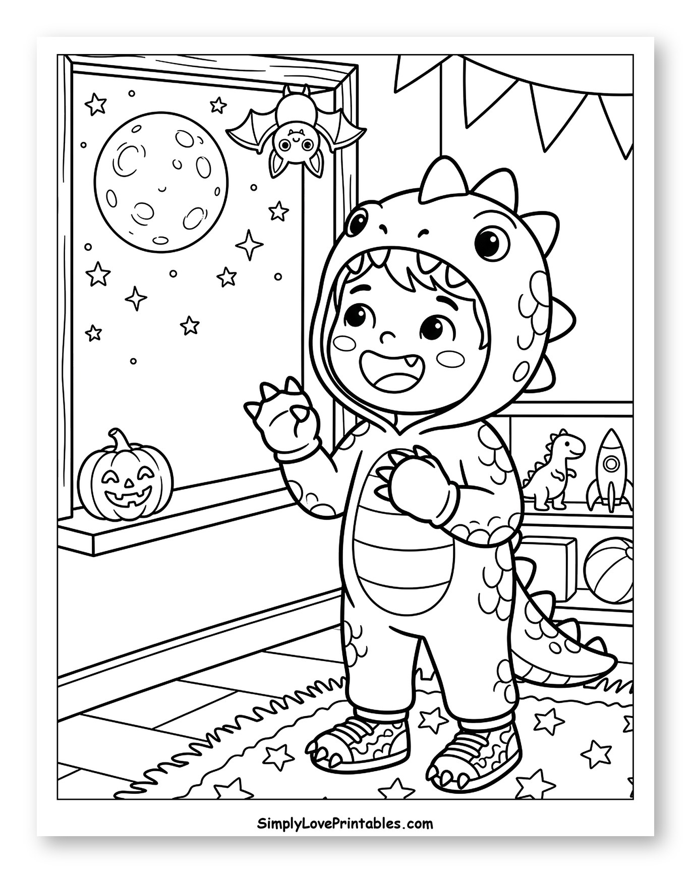 Happy Child in Dinosaur Costume with Halloween Decor